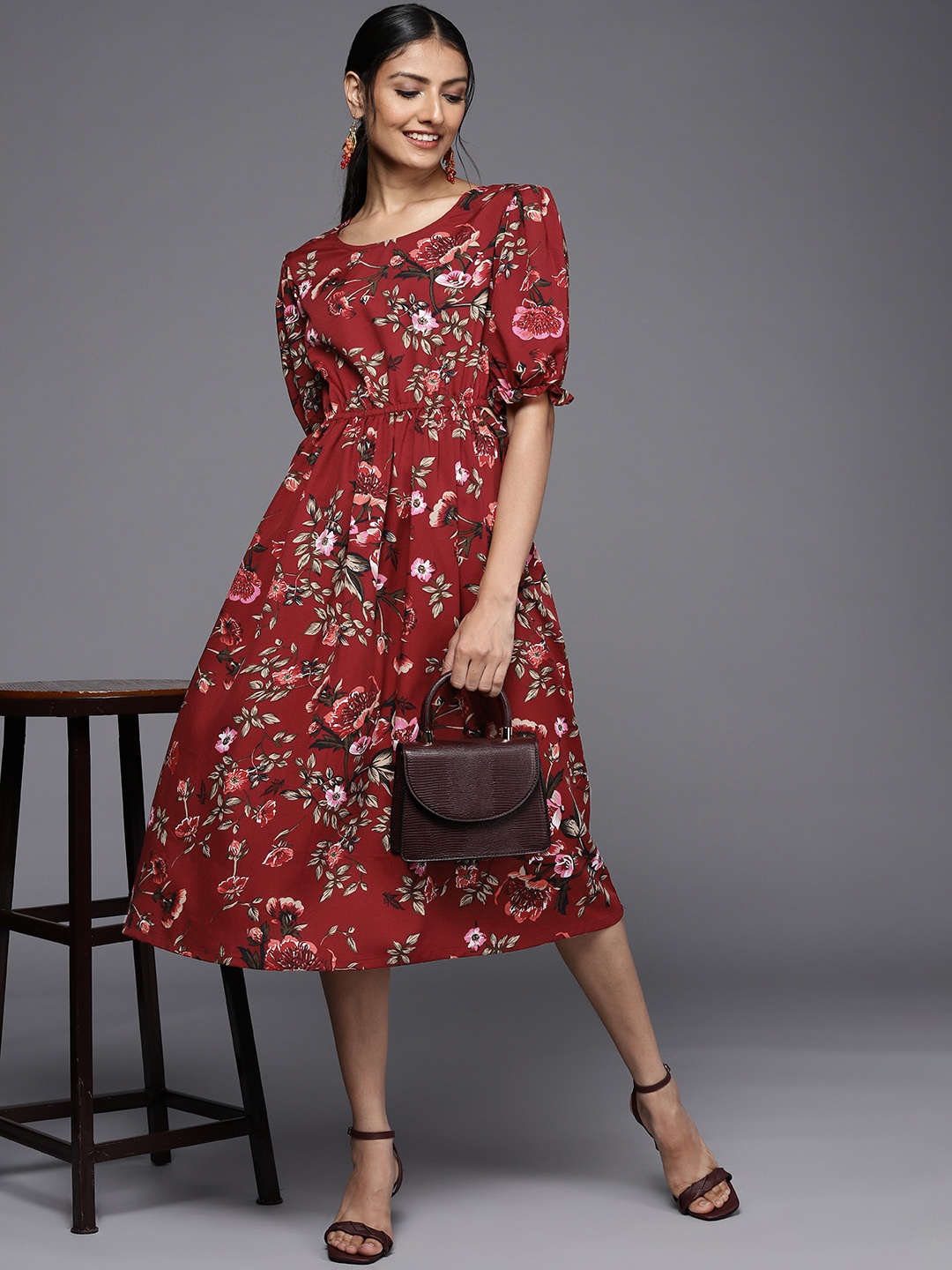 

MASSTANI BY INDDUS Maroon & White Floral Print Fit and Flare Midi Dress