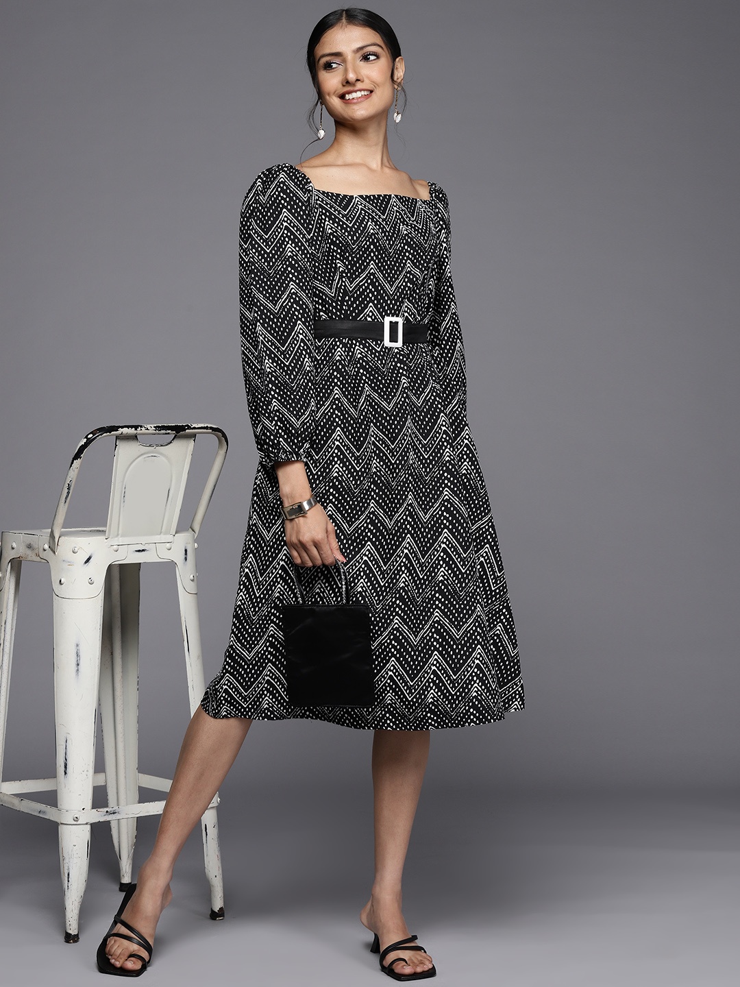

MASSTANI BY INDDUS Black & White Tribal A-Line Midi Dress