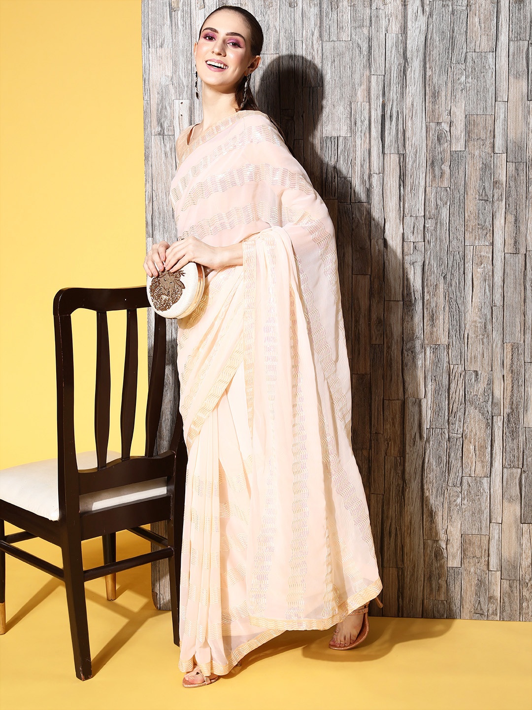 

Kalista Embellished Saree with Solid border, Cream