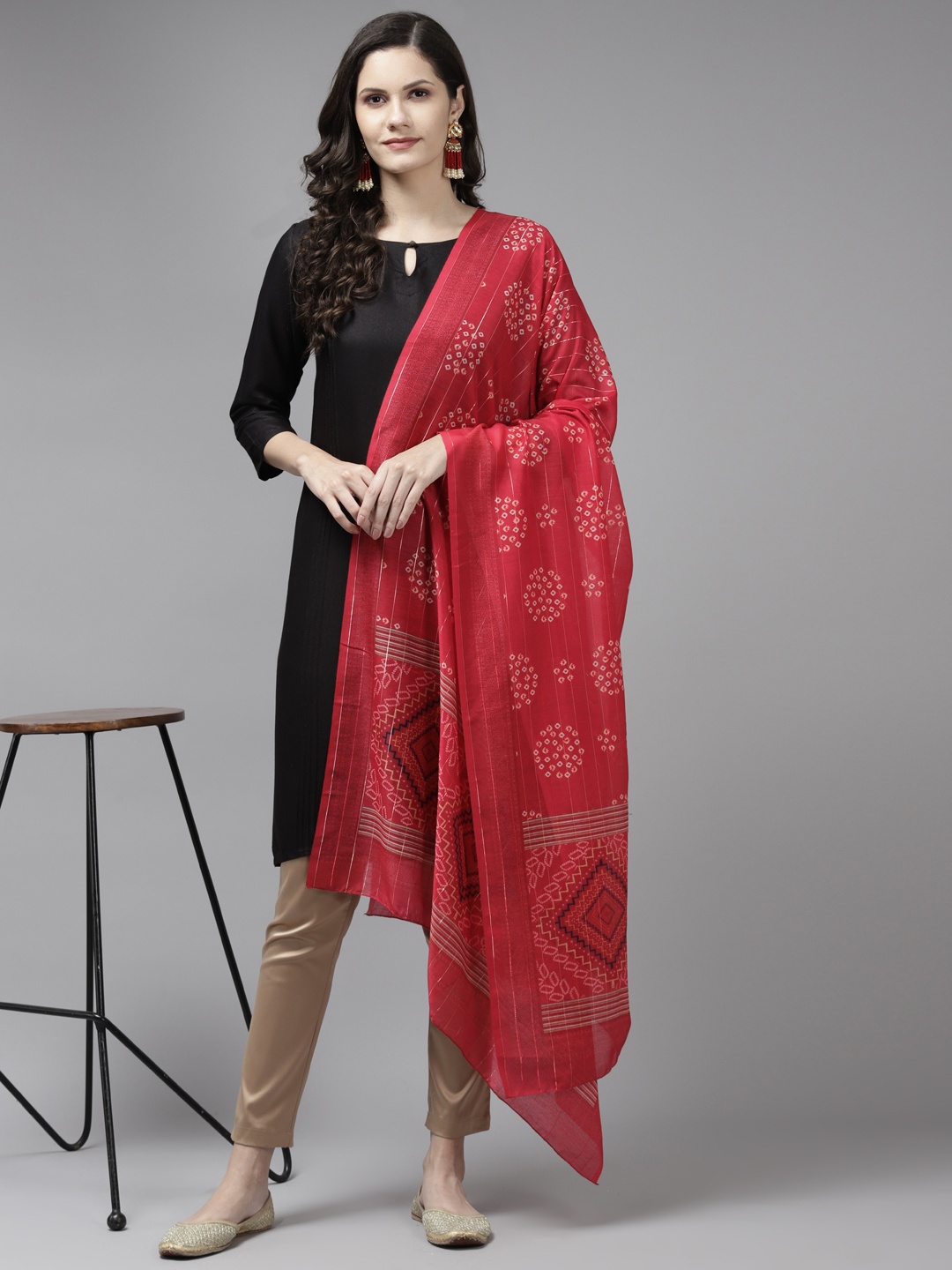 

Yufta Red Ethnic Motifs Woven Design Cotton Silk Dupatta with Zari