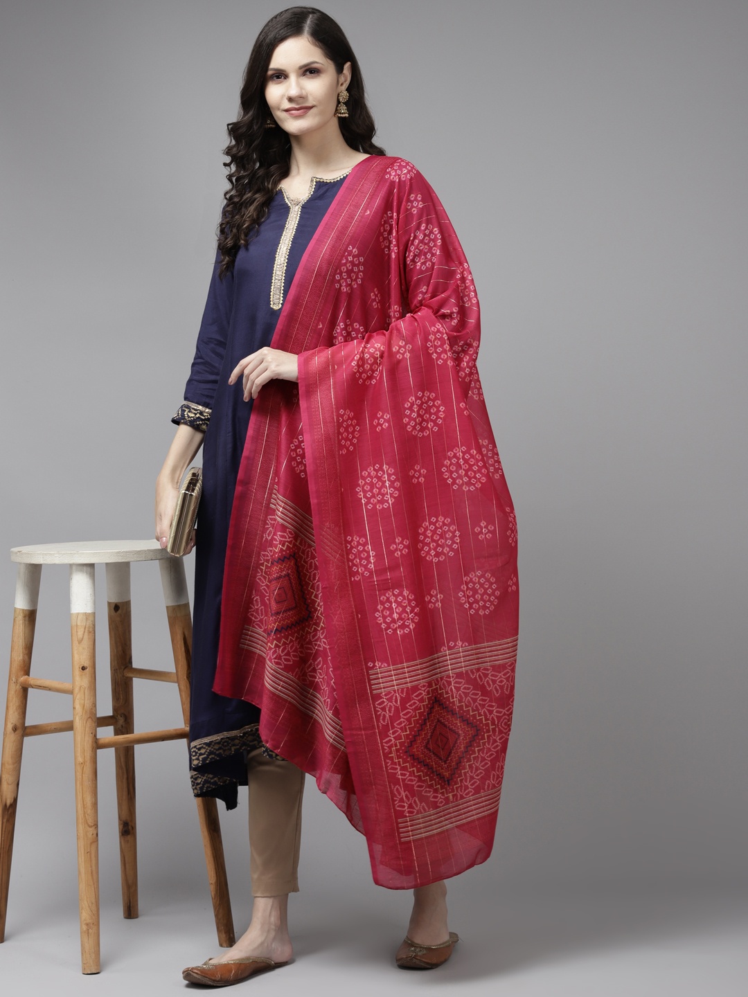 

Yufta Magenta Ethnic Motifs Woven Design Cotton Silk Dupatta with Zari