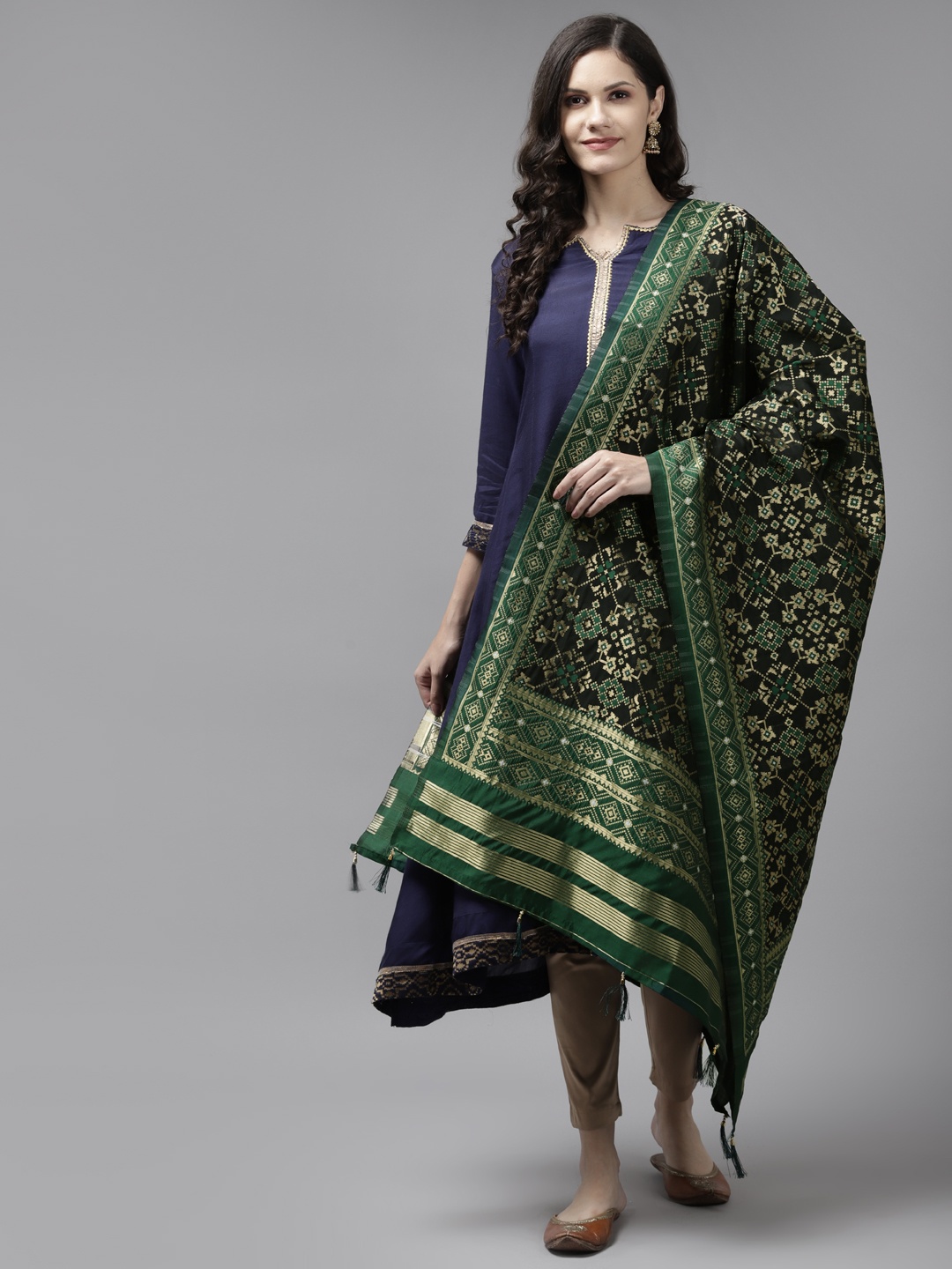 

Yufta Black & Green Ethnic Motifs Woven Design Dupatta with Zari