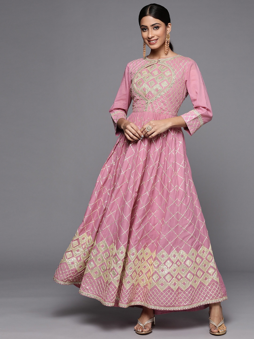 

Varanga Pink & Golden Ethnic Motifs Embroidered Ethnic Maxi Dress