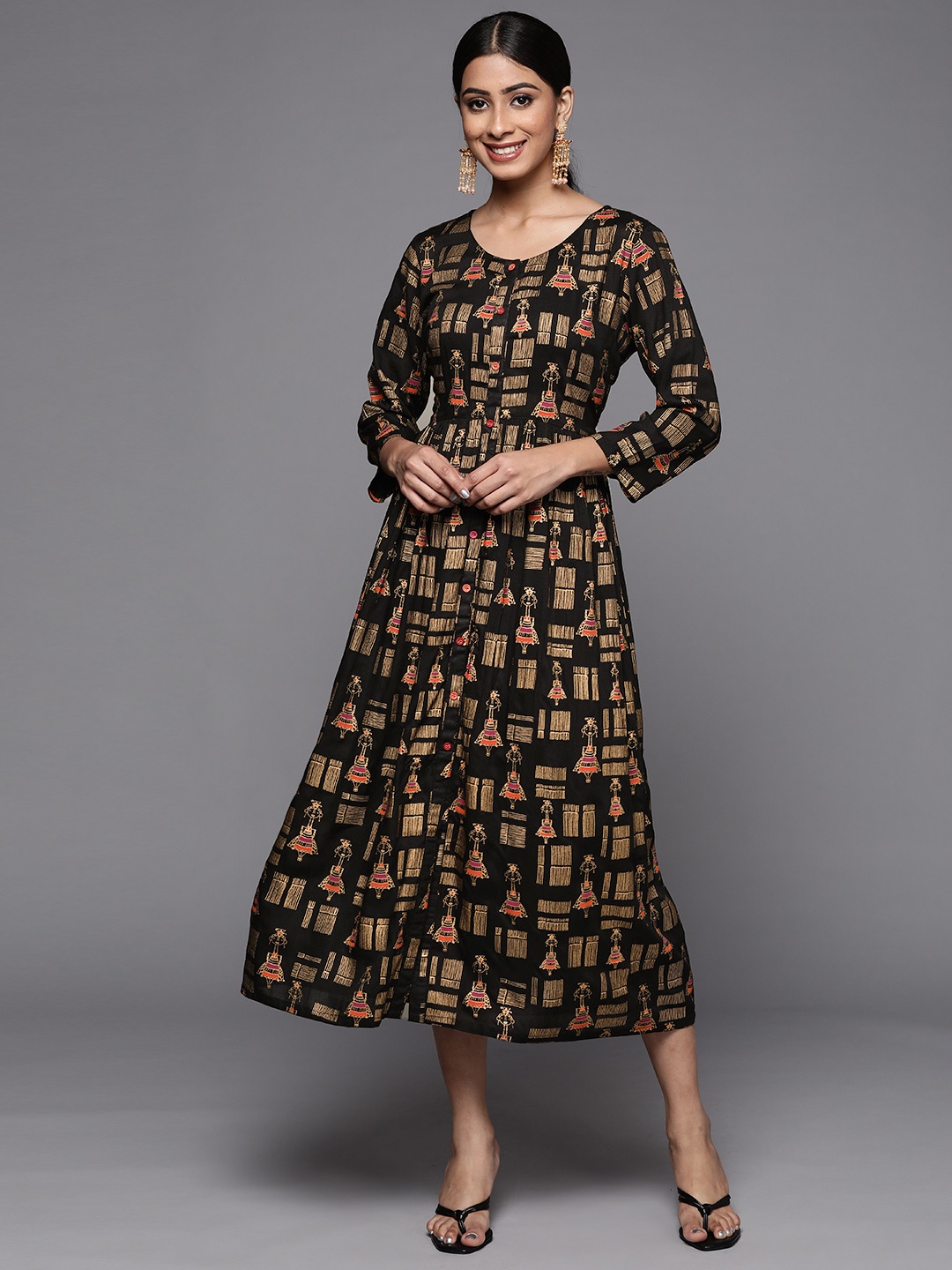 

Varanga Black & Golden Ethnic Printed Midi Dress