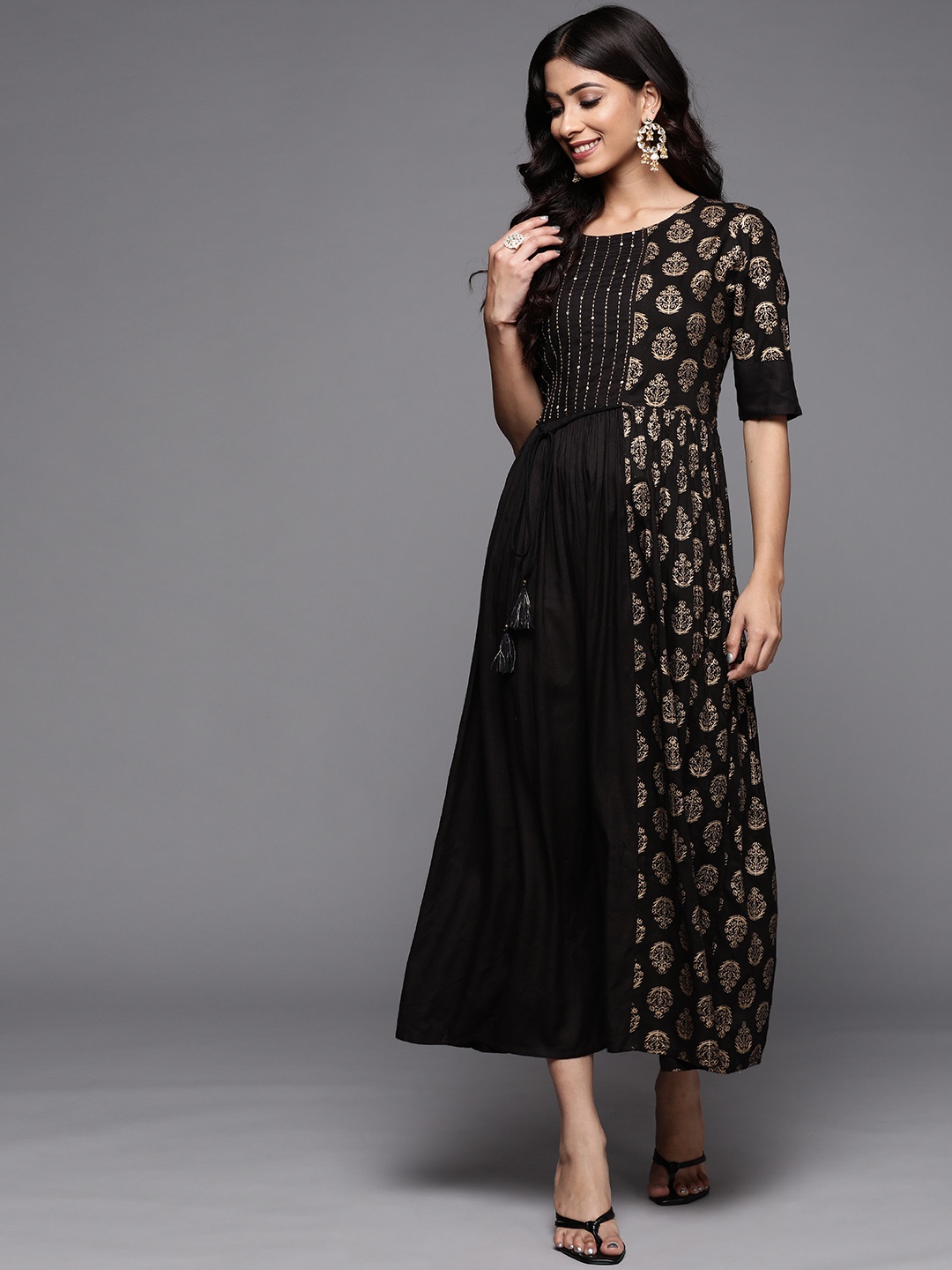 

Varanga Black & Golden Ethnic Motifs A-Line Midi Dress