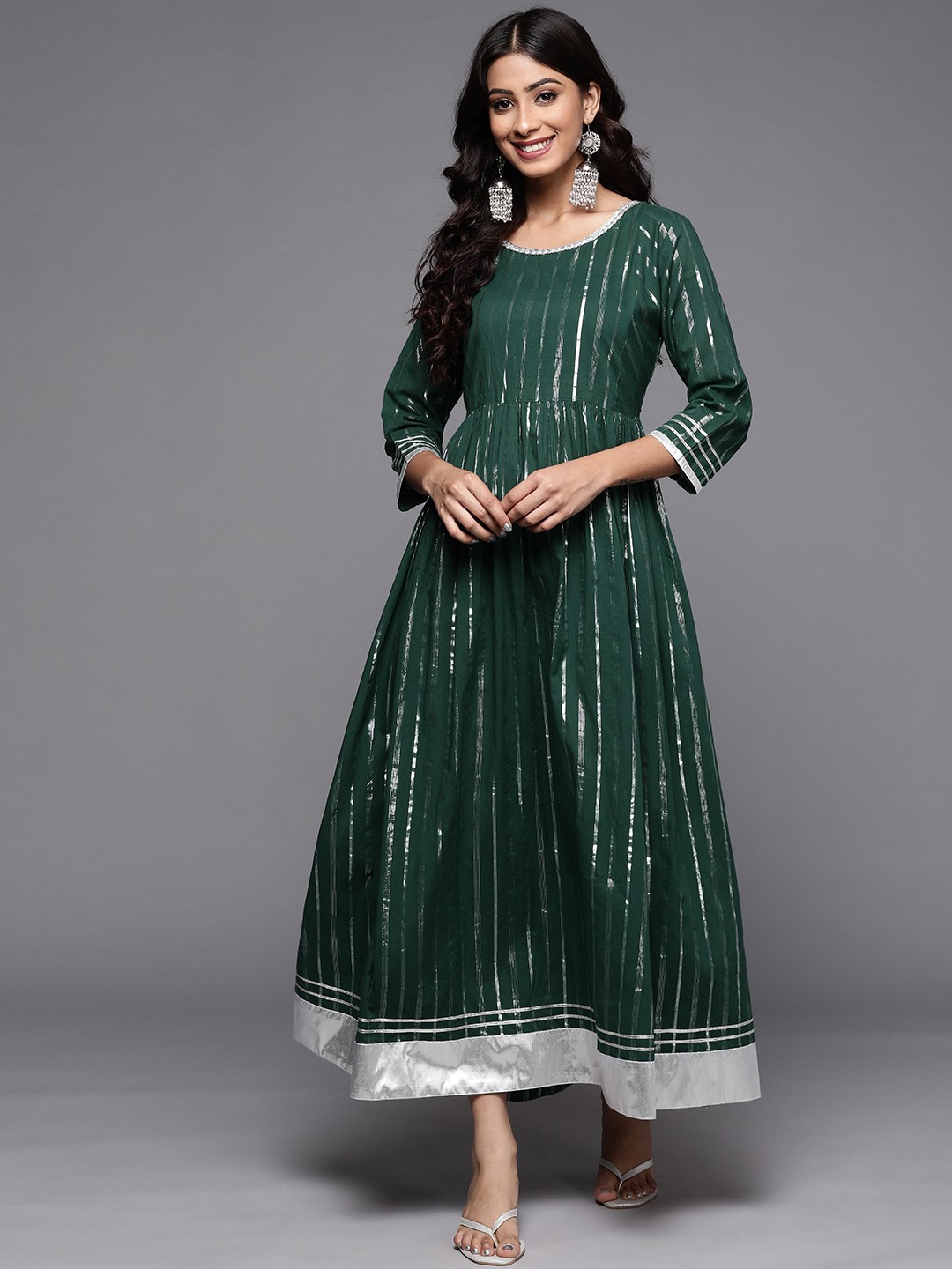 

Varanga Green & Silver Striped Maxi Dress