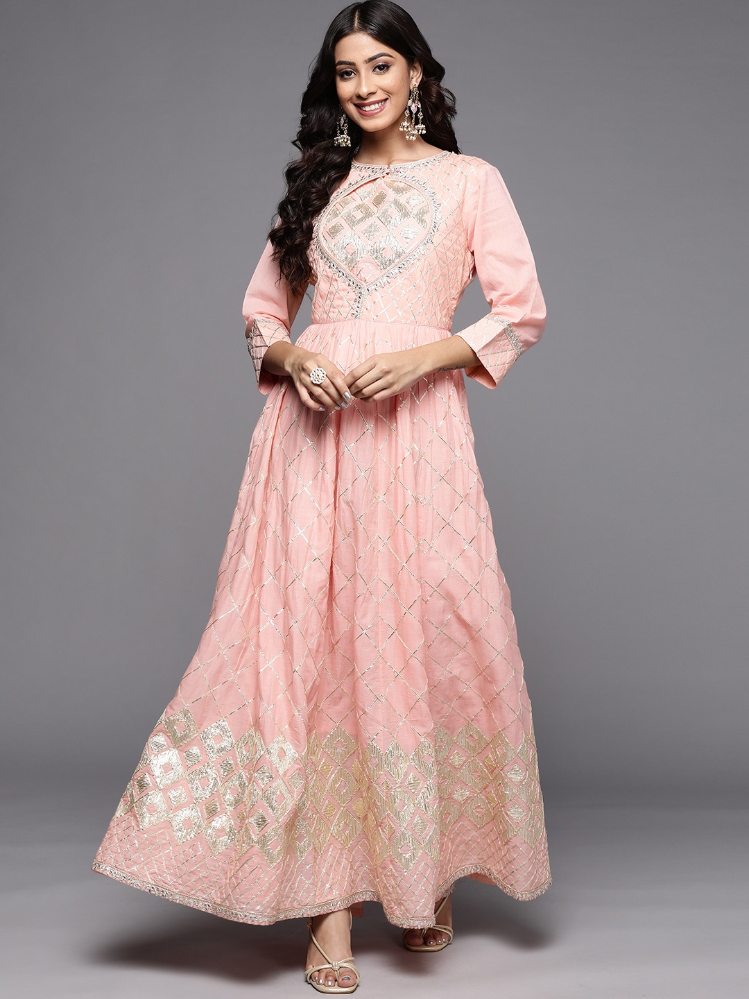 

Varanga Peach-Coloured & Gold-Toned Ethnic Motifs Embroidered Ethnic Maxi Dress