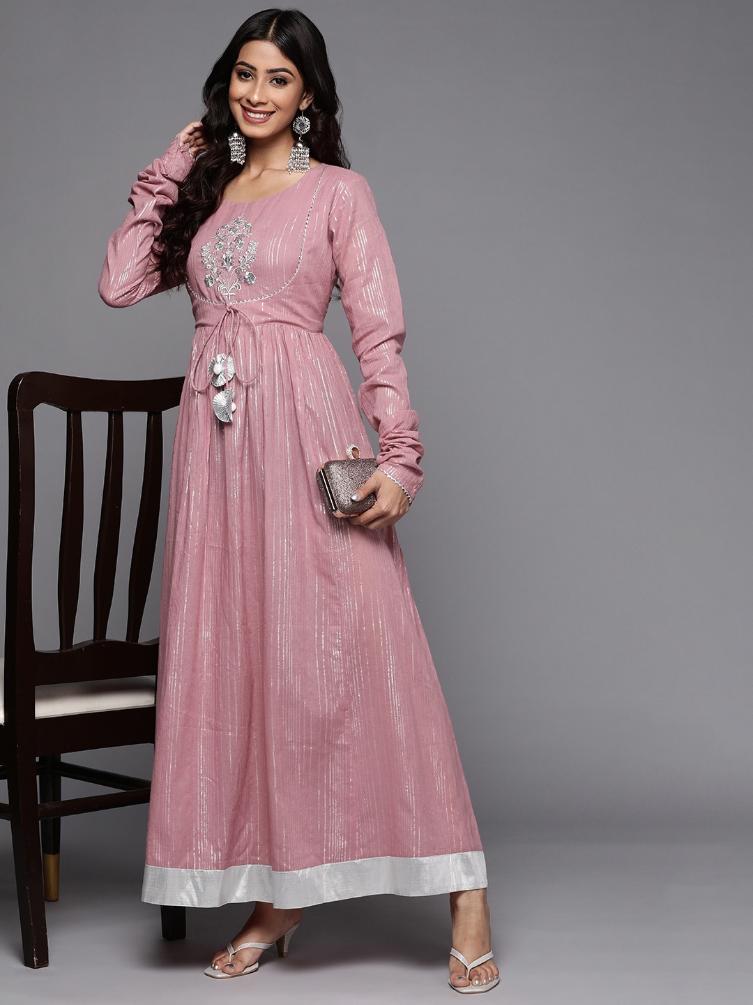 

Varanga Dusty Pink & Silver Embroidered Ethnic Maxi Dress, Rose gold