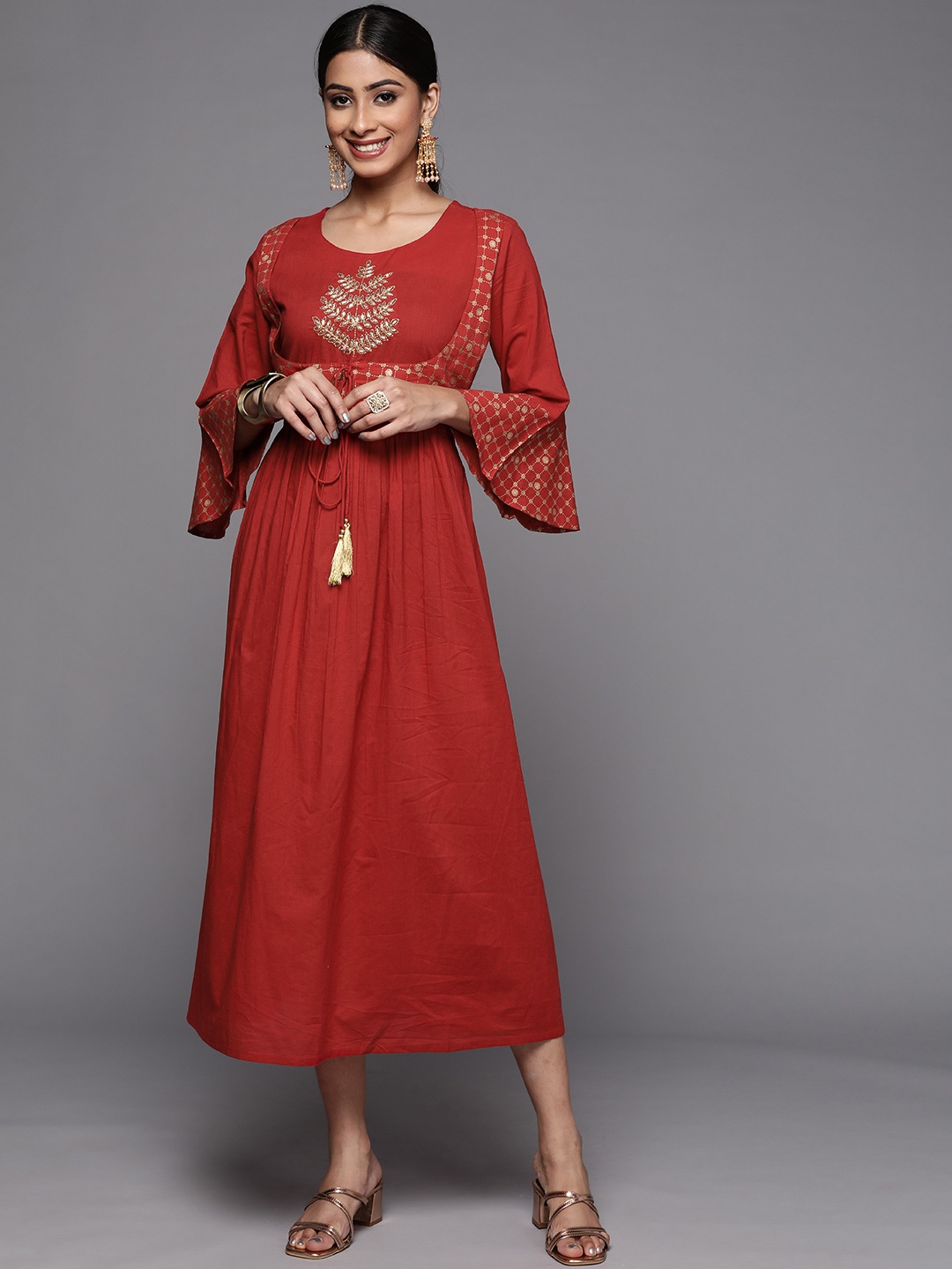 

Varanga Red Ethnic Motifs A-Line Dress