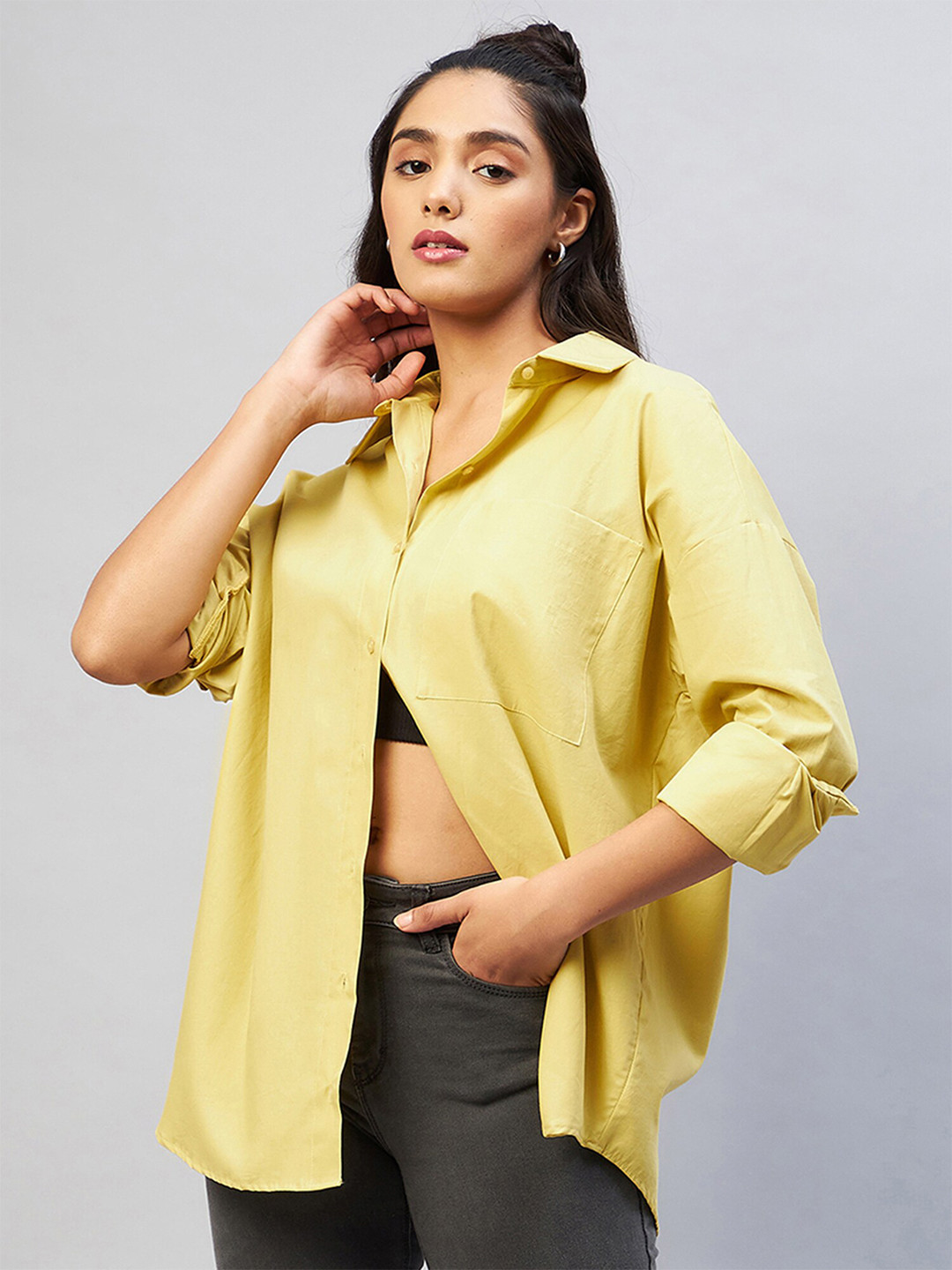 

CHIMPAAANZEE Women Yellow Oversized Casual Shirt