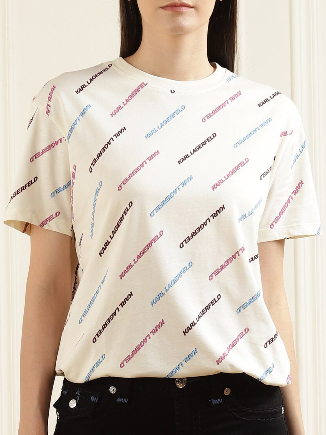 

Karl Lagerfeld Women Cream-Coloured PrintedPure Cotton T-shirt