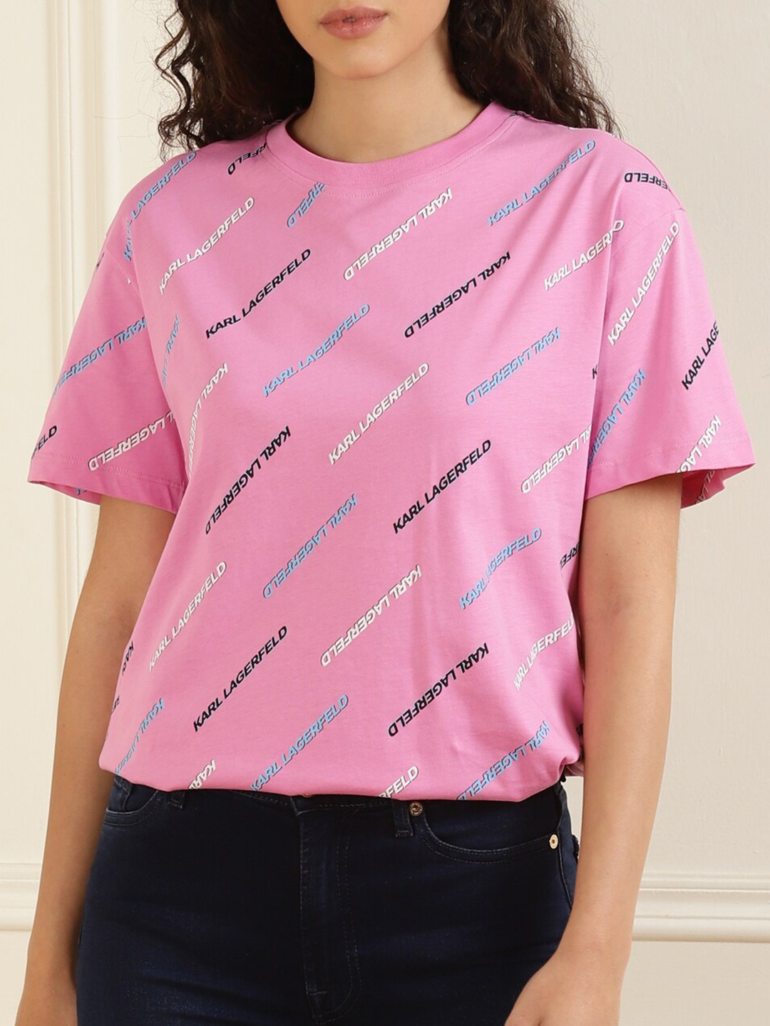 

Karl Lagerfeld Women Pink Printed Pure Cotton T-shirt