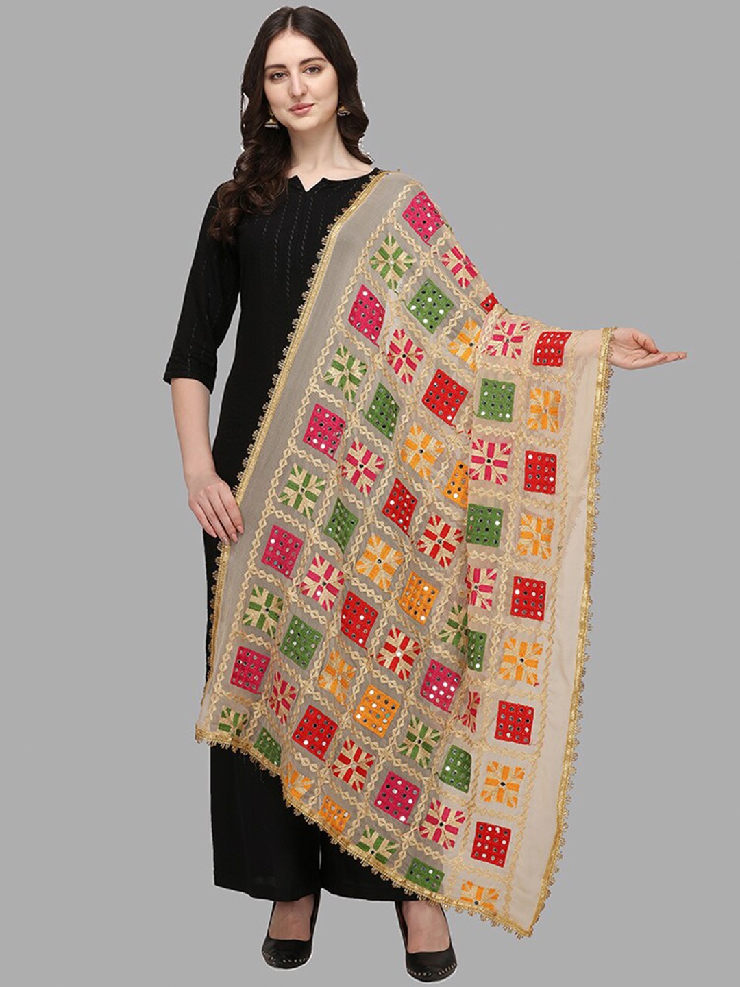 

DEETYA ARTS Cream-Coloured & Pink Ethnic Motifs Embroidered Dupatta with Mirror Work