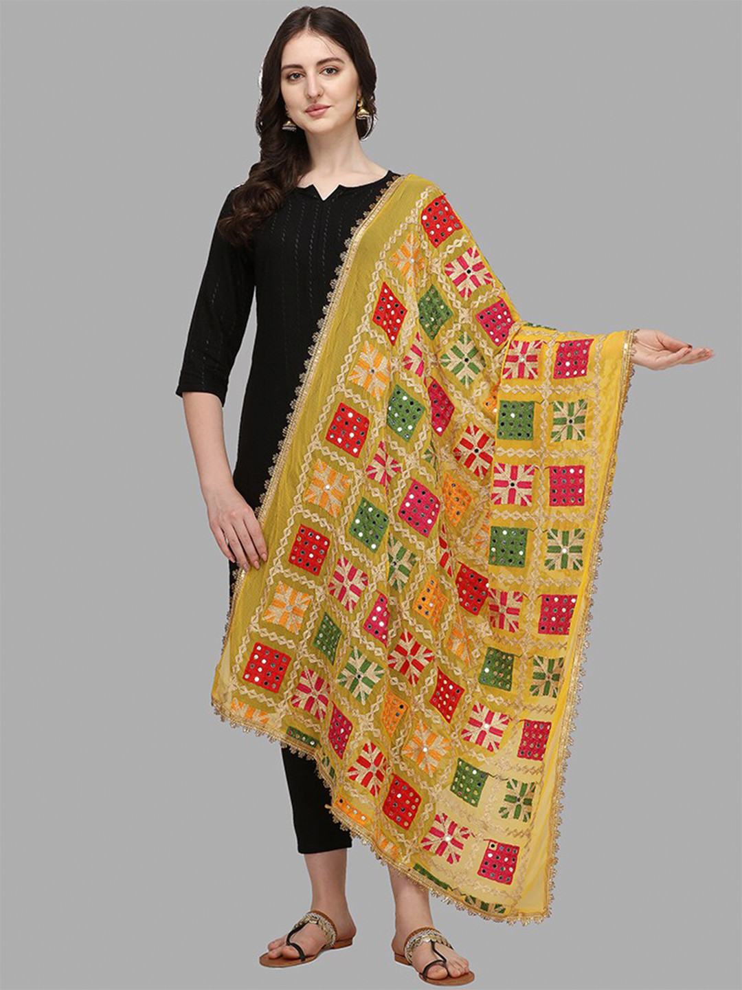 

DEETYA ARTS Yellow & Red Ethnic Motifs Embroidered Dupatta with Mirror Work