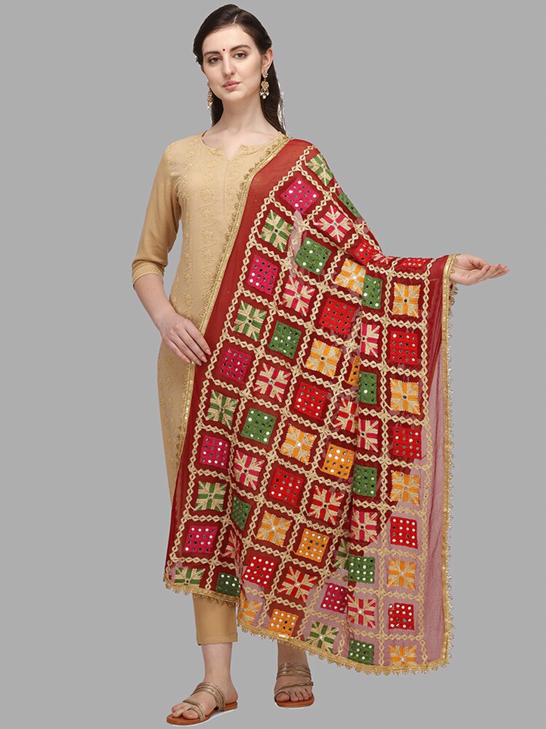 

DEETYA ARTS Maroon & Green Ethnic Motifs Embroidered Dupatta with Mirror Work