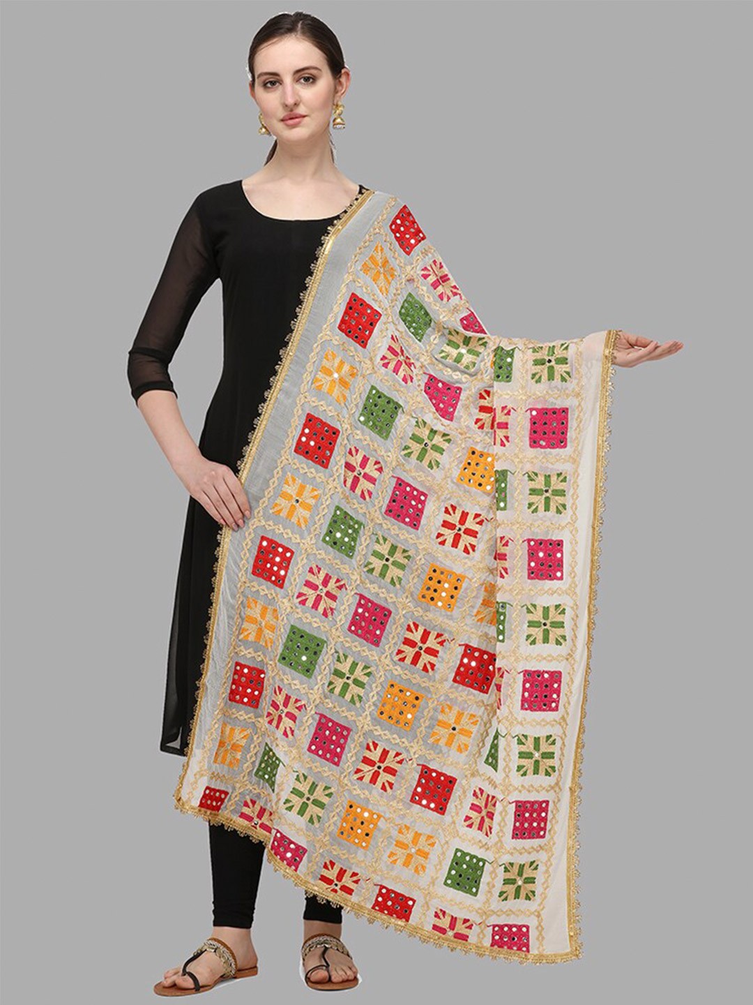 

DEETYA ARTS White & Green Ethnic Motifs Embroidered Dupatta