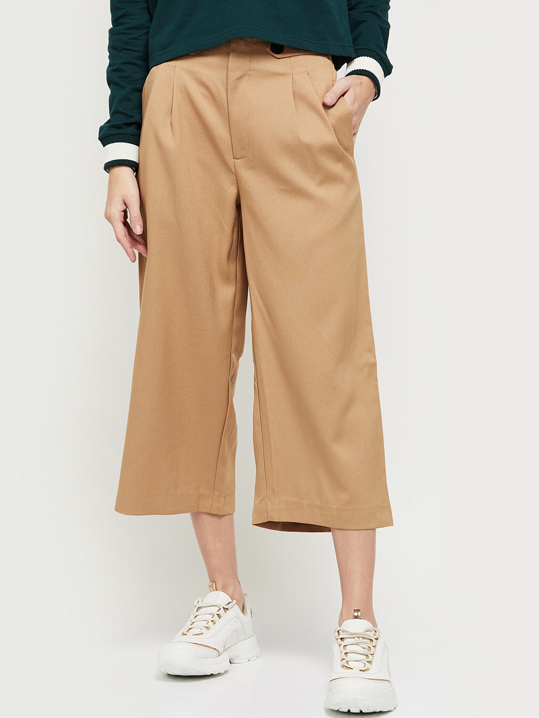 

max Women Tan Pleated Culottes Trousers