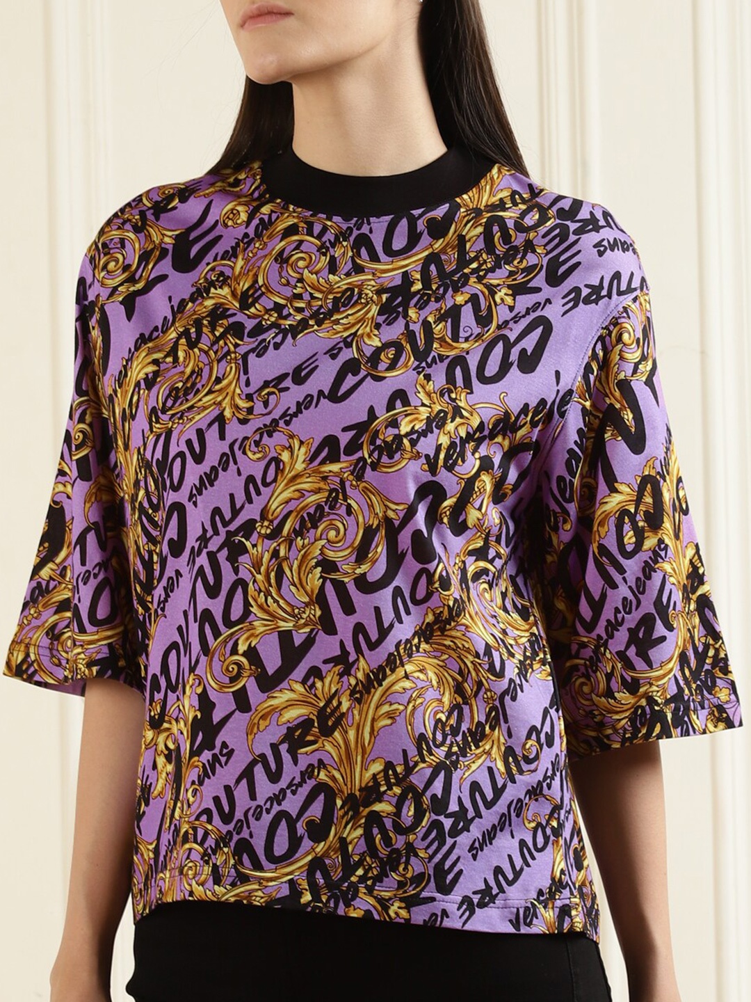 

Versace Jeans Couture Women Purple Printed Drop-Shoulder Sleeves Pure Cotton T-shirt