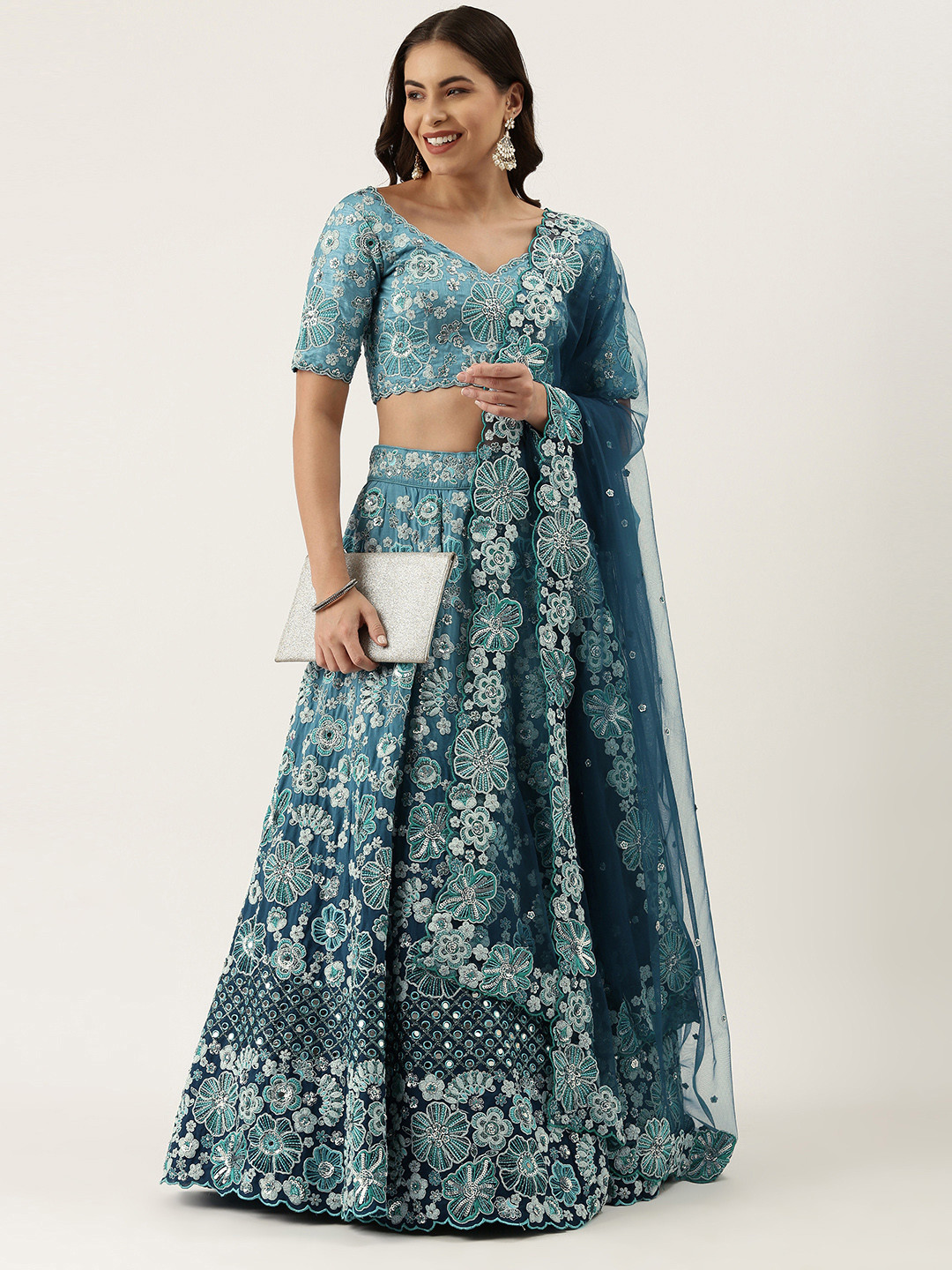 

panchhi Turquoise Blue Embellished Sequinned Semi-Stitched Lehenga & Unstitched Blouse With Dupatta