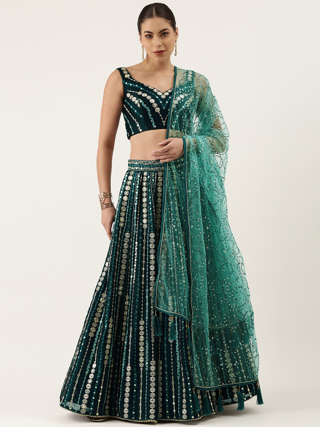 

panchhi Teal Embellished Sequinned Semi-Stitched Lehenga & Unstitched Blouse With Dupatta