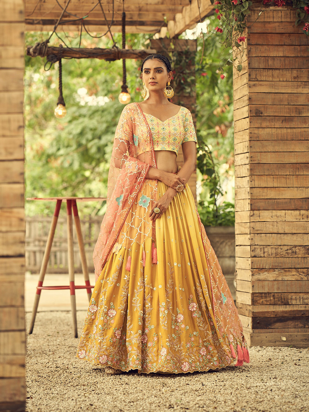 

panchhi Mustard & Pink Embellished Sequinned Semi-Stitched Lehenga & Unstitched Blouse With Dupatta