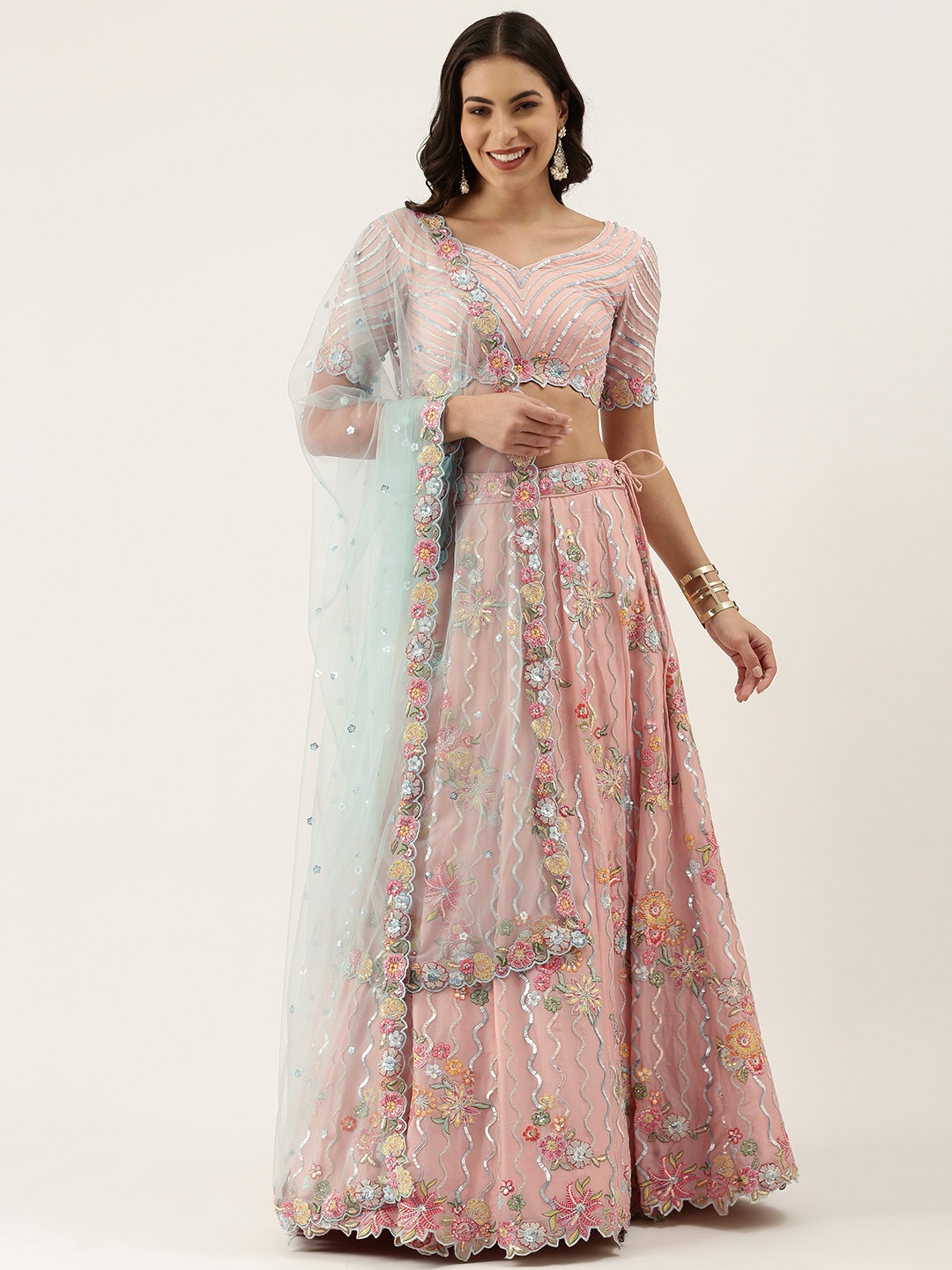 

panchhi Peach-Coloured Embellished Sequinned Semi-Stitched Lehenga & Unstitched Blouse With Dupatta