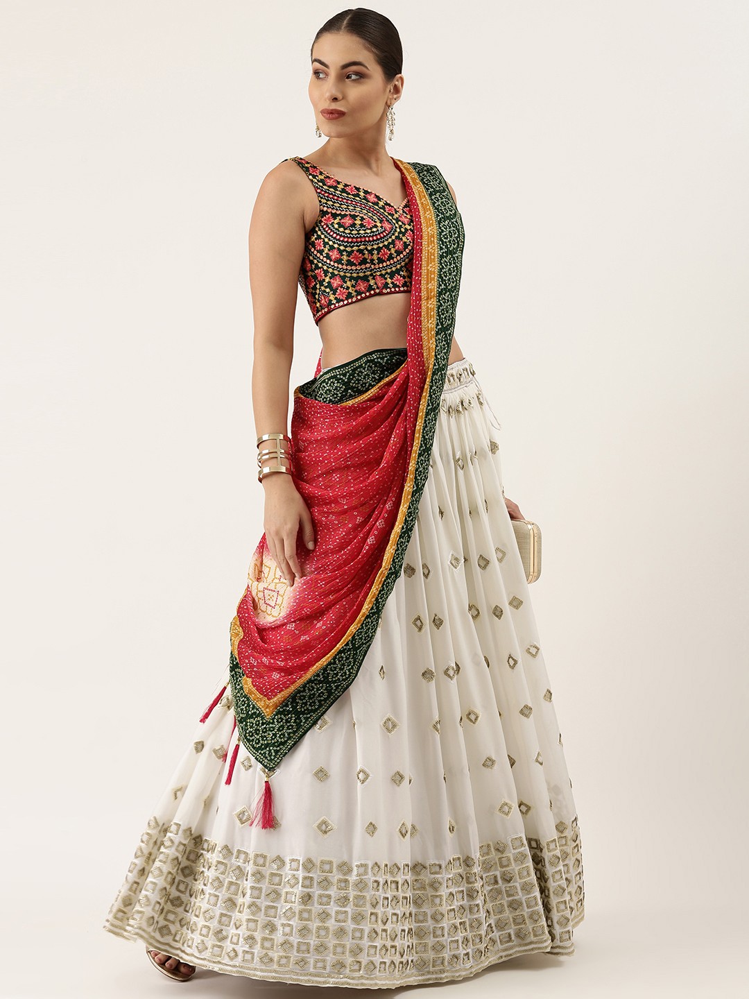 

panchhi White & Green Embellished Sequinned Semi-Stitched Lehenga & Unstitched Blouse With Dupatta