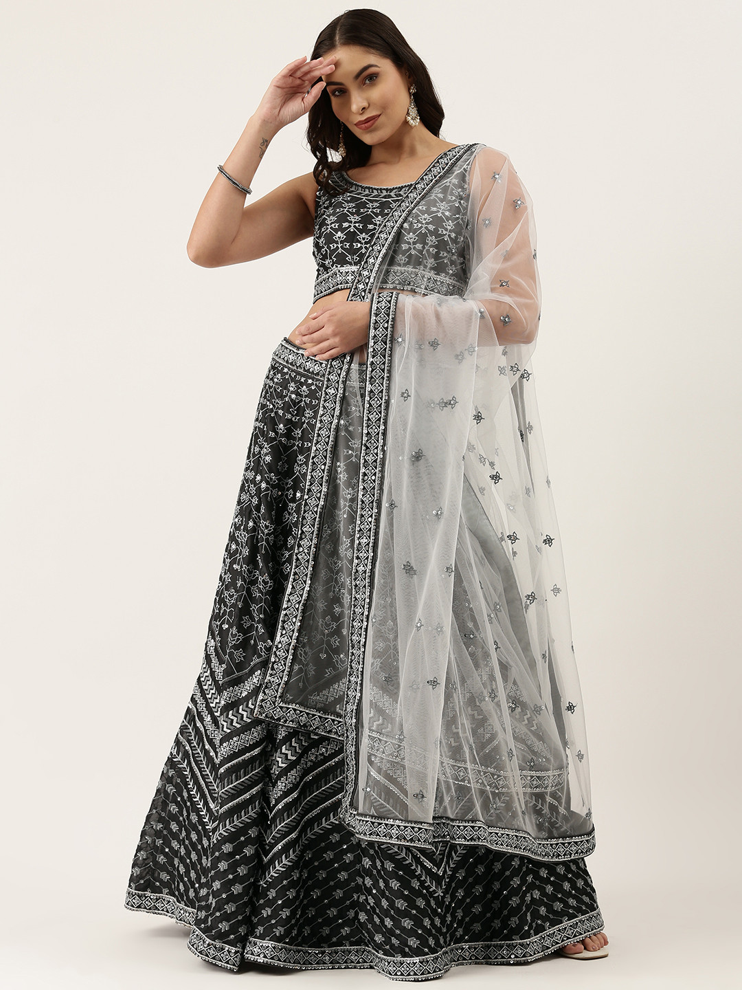 

panchhi Charcoal Embellished Sequinned Semi-Stitched Lehenga & Unstitched Blouse With Dupatta