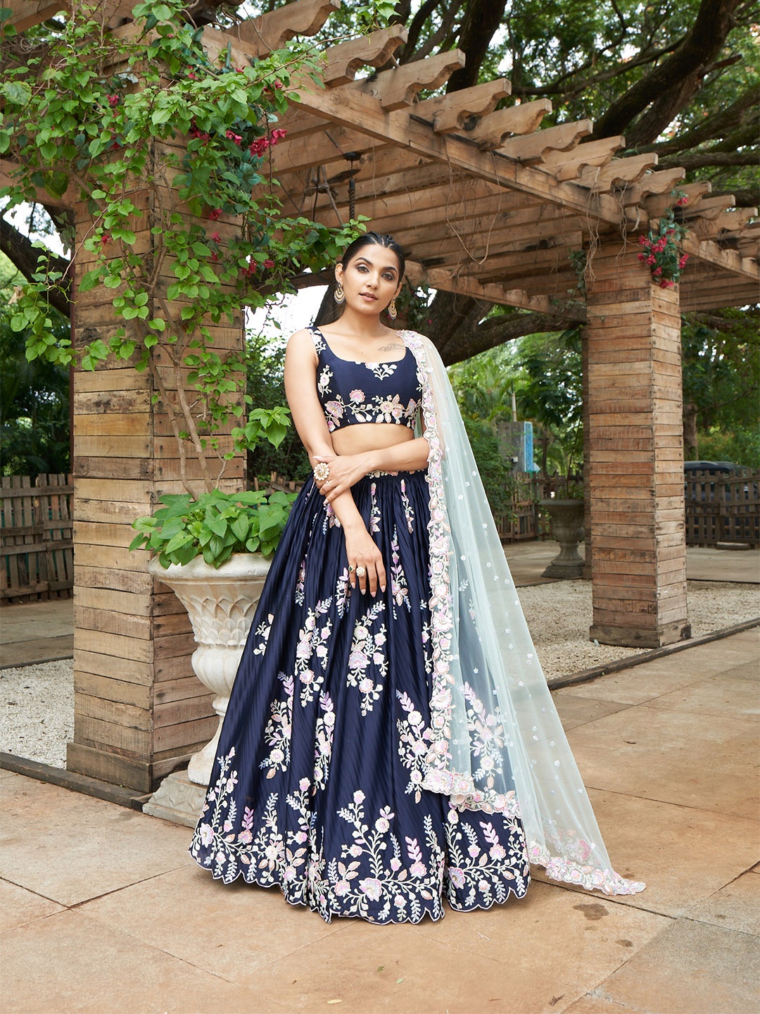 

panchhi Navy Blue & Embellished Sequinned Semi-Stitched Lehenga & Unstitched Blouse With Dupatta
