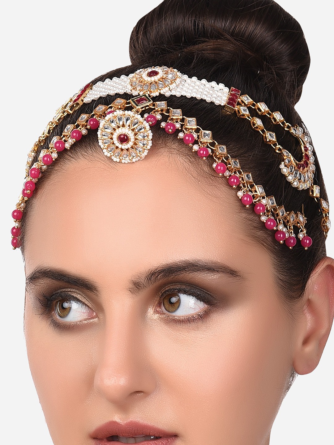 

Zaveri Pearls Gold-Plated White & Pink Kundan-Studded & Beaded Maatha Patti