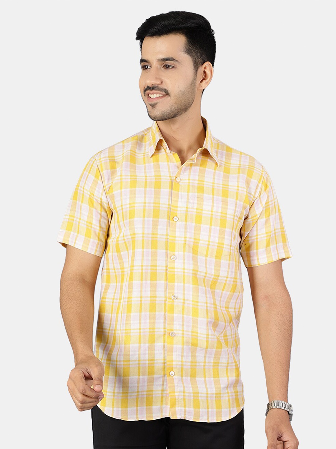 

Wintage Men Yellow Classic Tartan Checked Casual Shirt