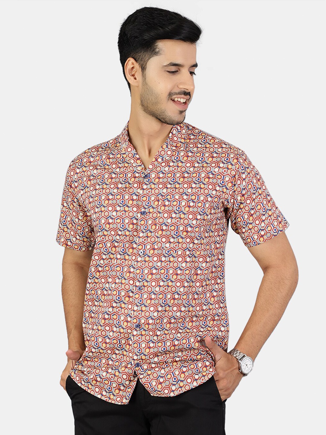 

Wintage Men Brown Classic Geometric Printed Casual Shirt
