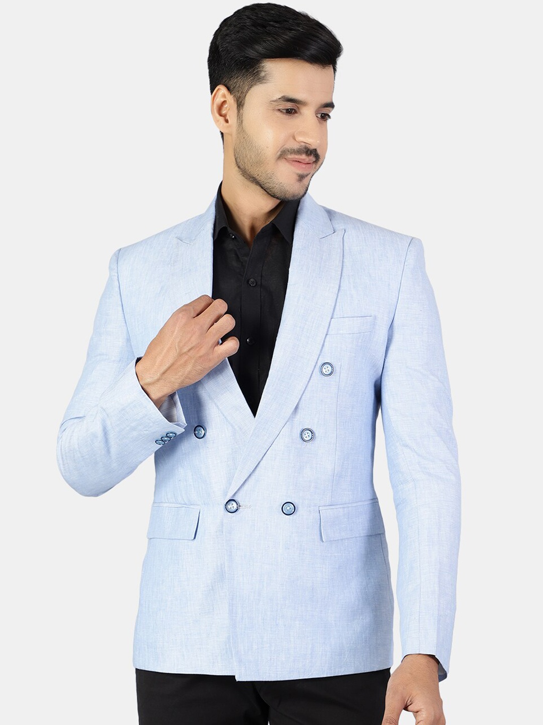

Wintage Men Blue Solid Double Breasted Linen Blazers
