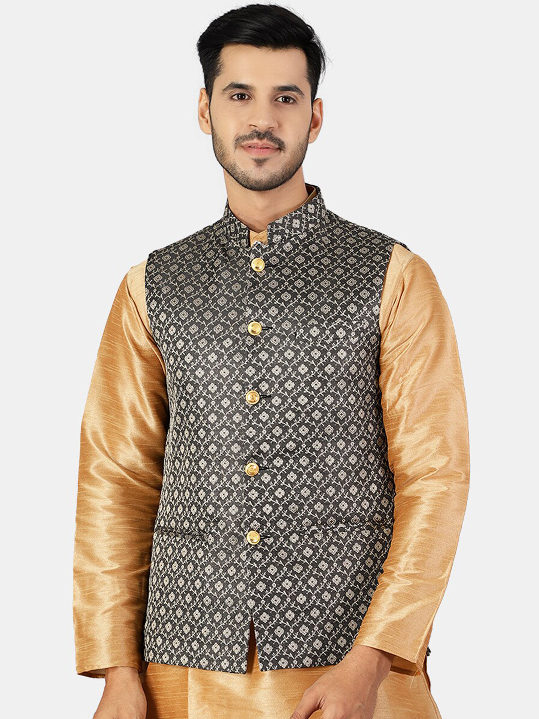 

Wintage Men Grey Woven Design Nehru Jackets