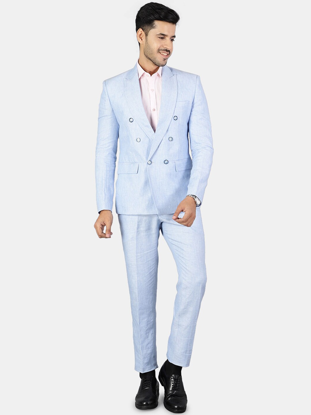 

Wintage Men Blue Solid Double-Breasted Two-Piece Suit