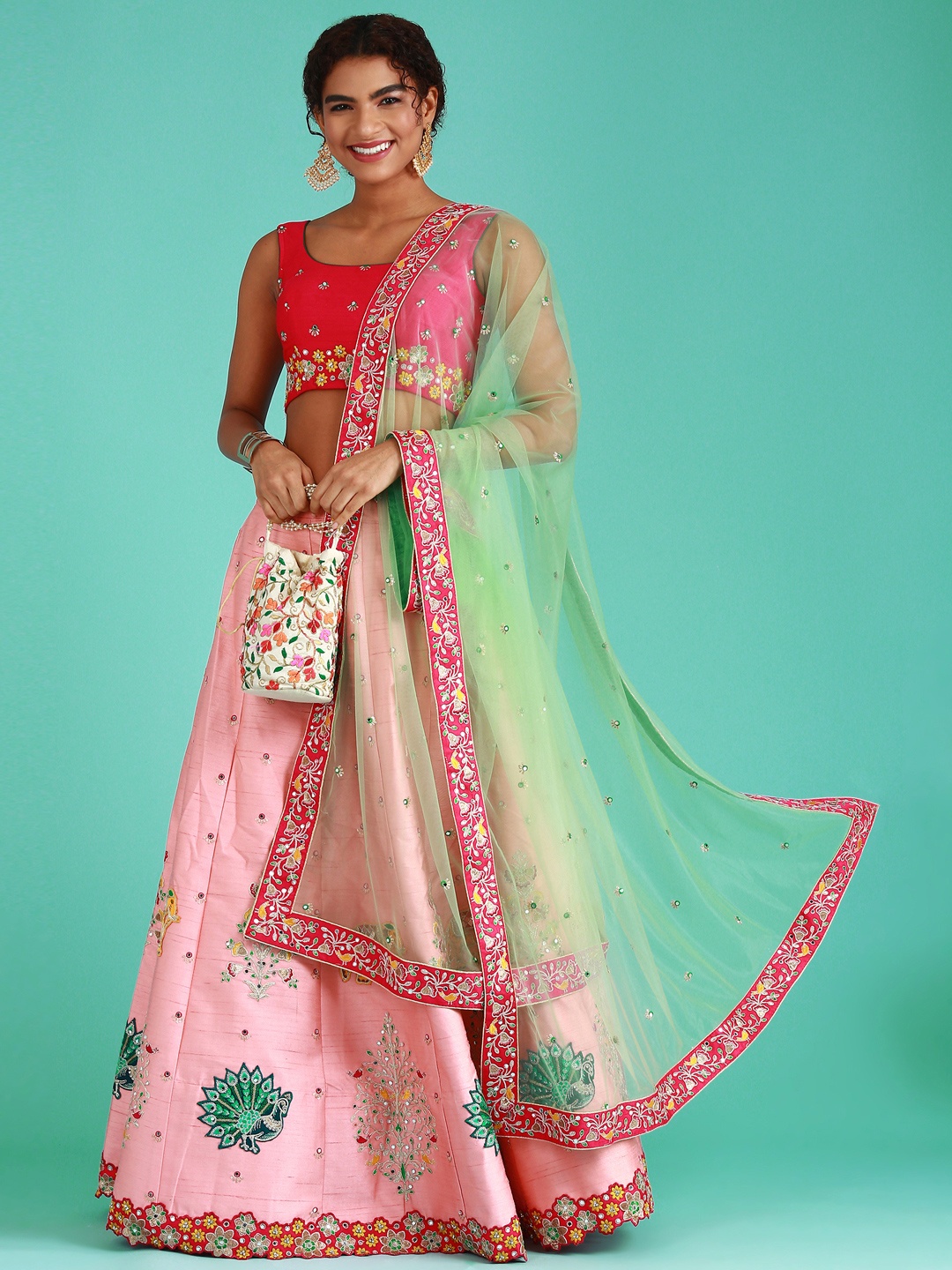 panchhi Coral & Peach-Coloured Embellished Mirror Work Semi-Stitched Lehenga & Unstitched Blouse With