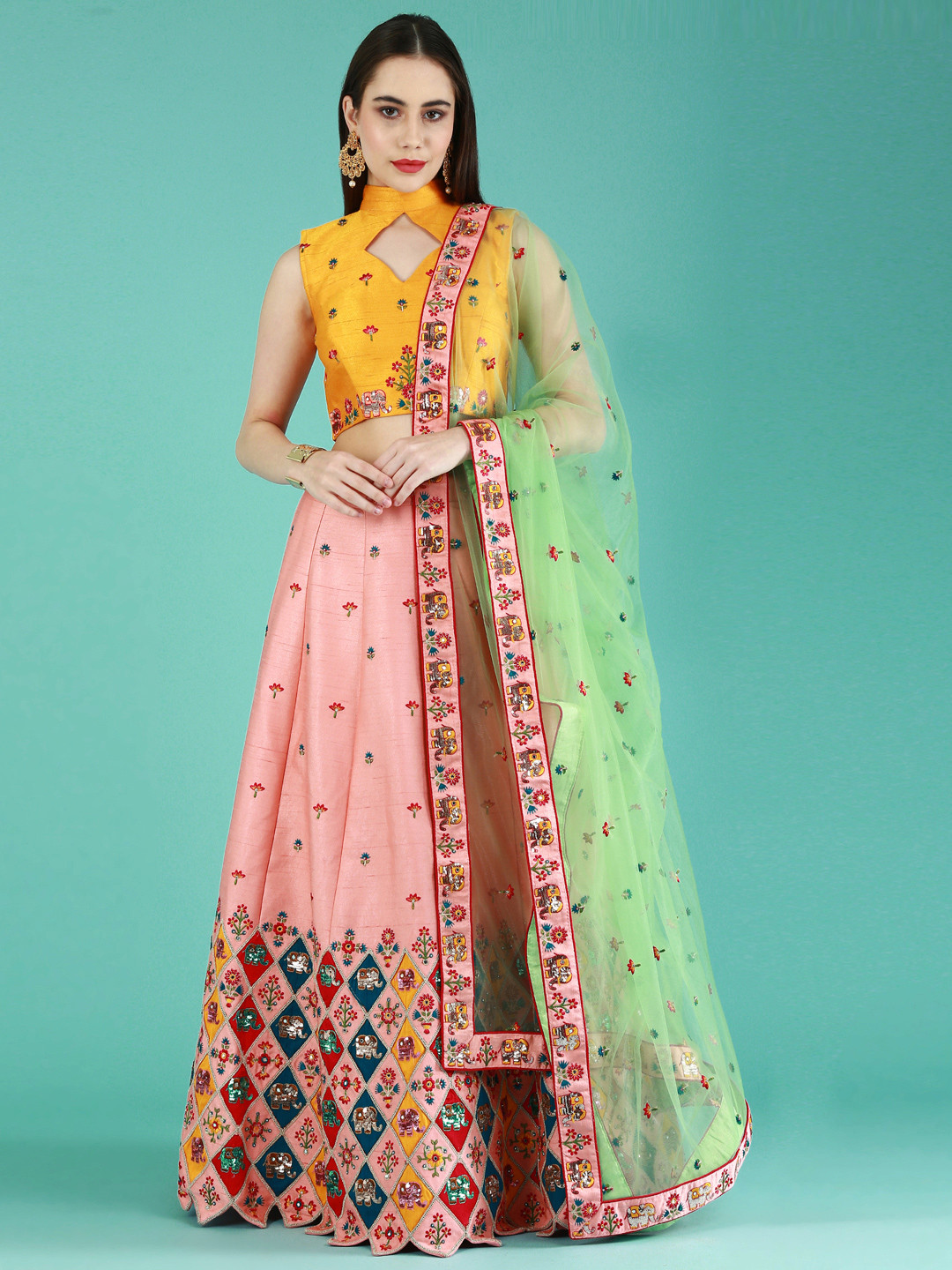 

panchhi Peach-Coloured & Mustard Embellished Thread Work Semi-Stitched Lehenga & Unstitched Blouse With