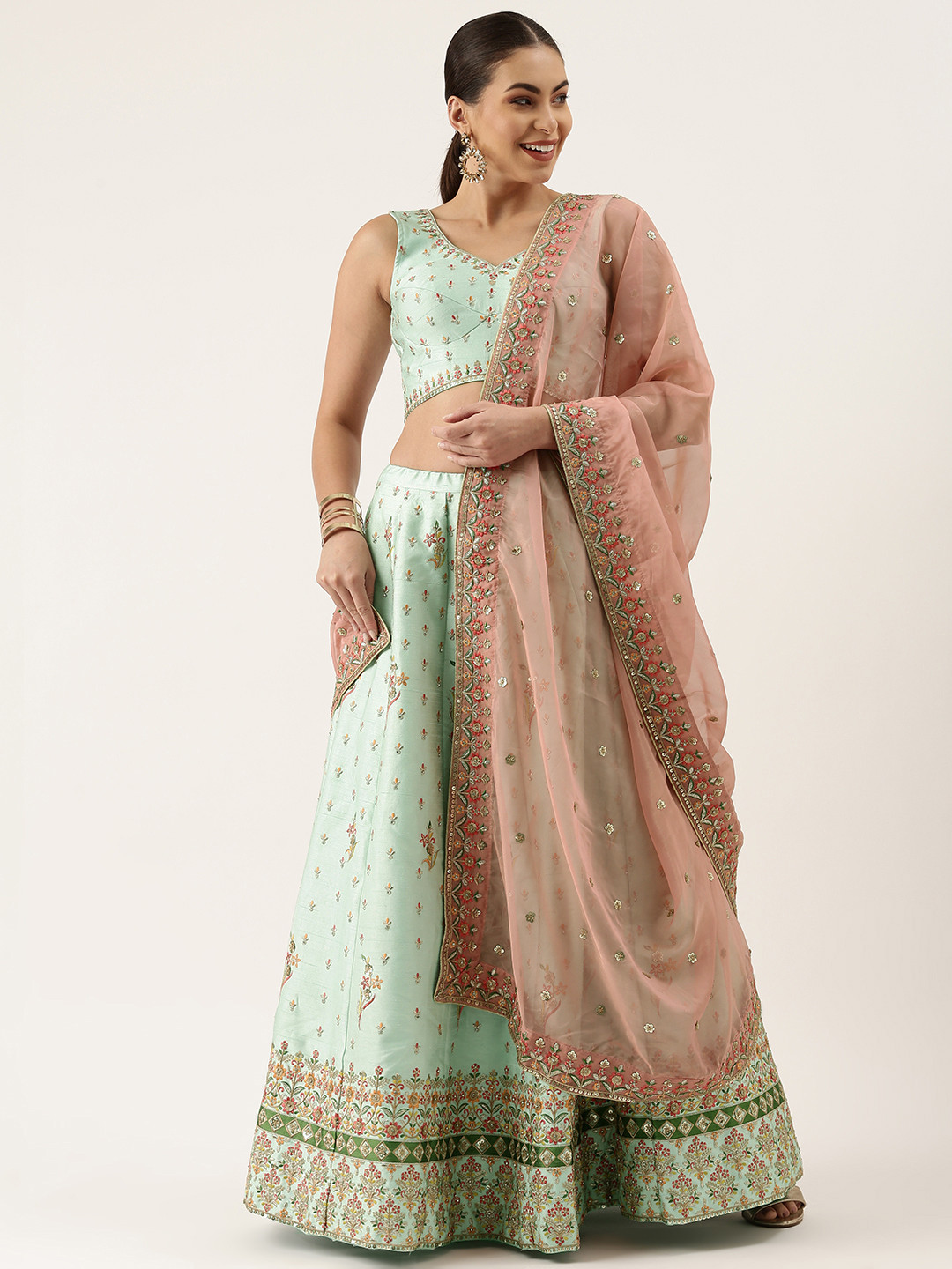 

panchhi Turquoise Blue & Peach-Coloured Embellished Thread Work Semi-Stitched Lehenga & Unstitched Blouse