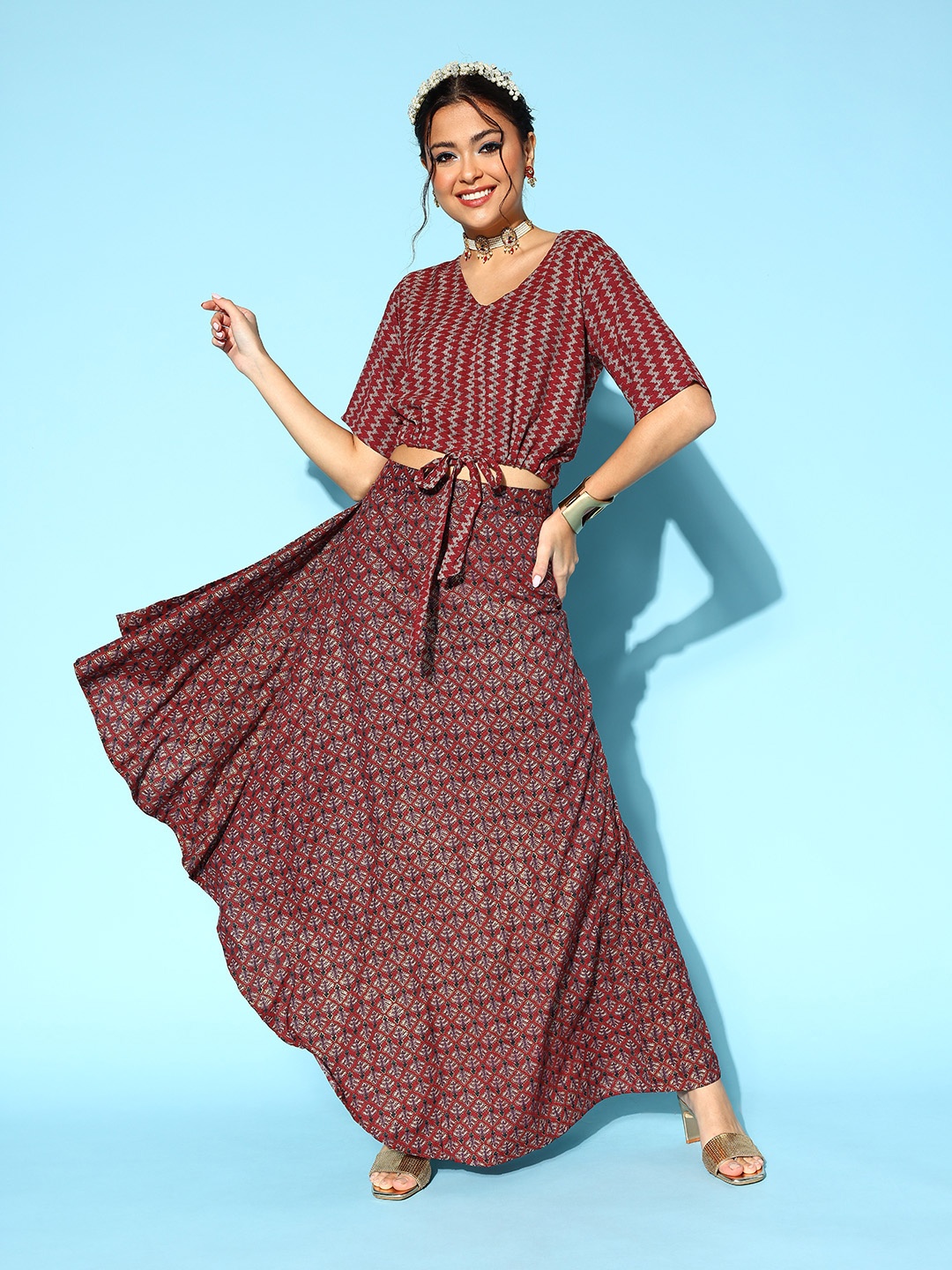 

InWeave Maroon Printed Crop Top With Flared Skirt