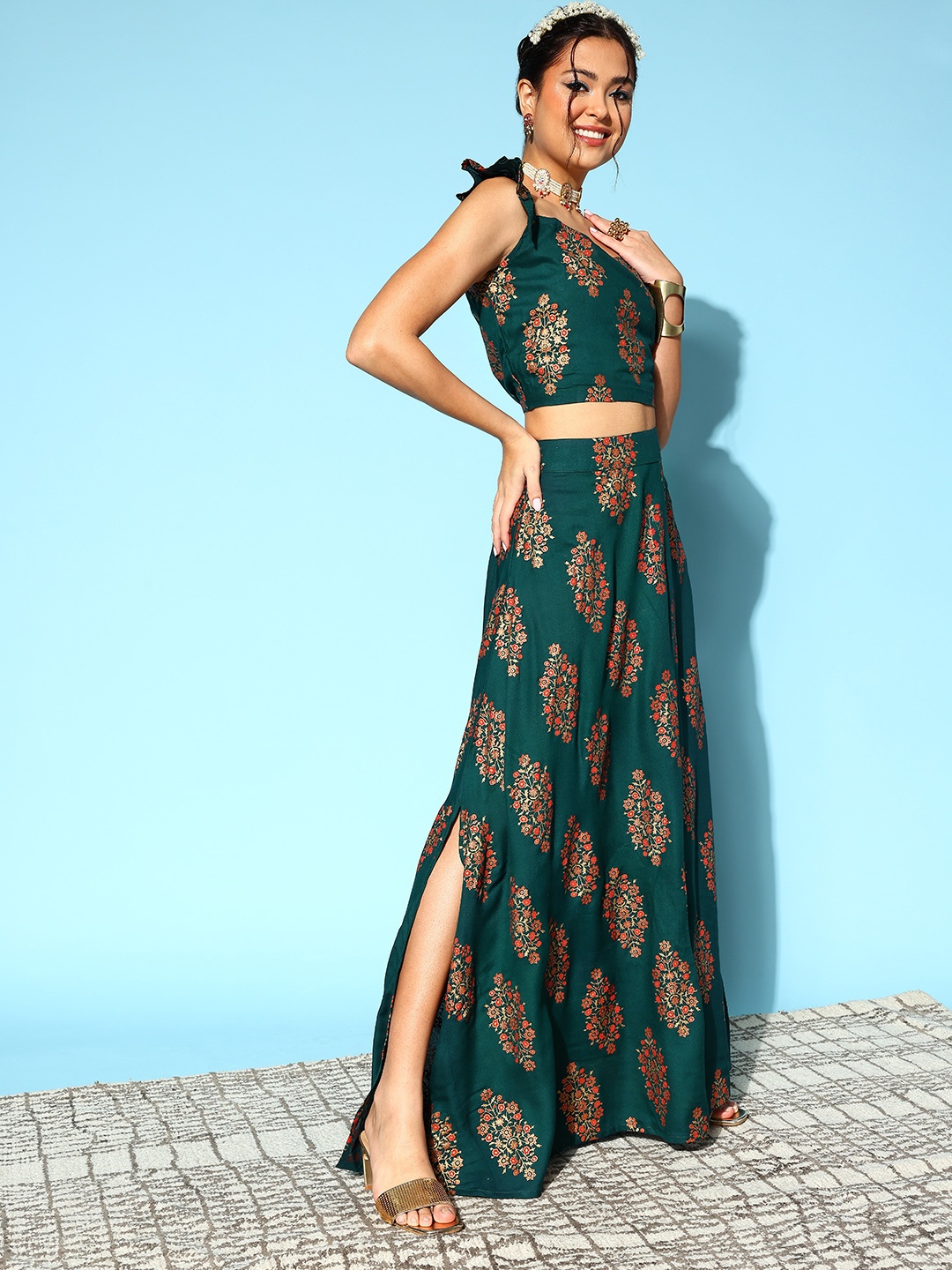 

InWeave Women Green & Orange Printed Top with Skirt