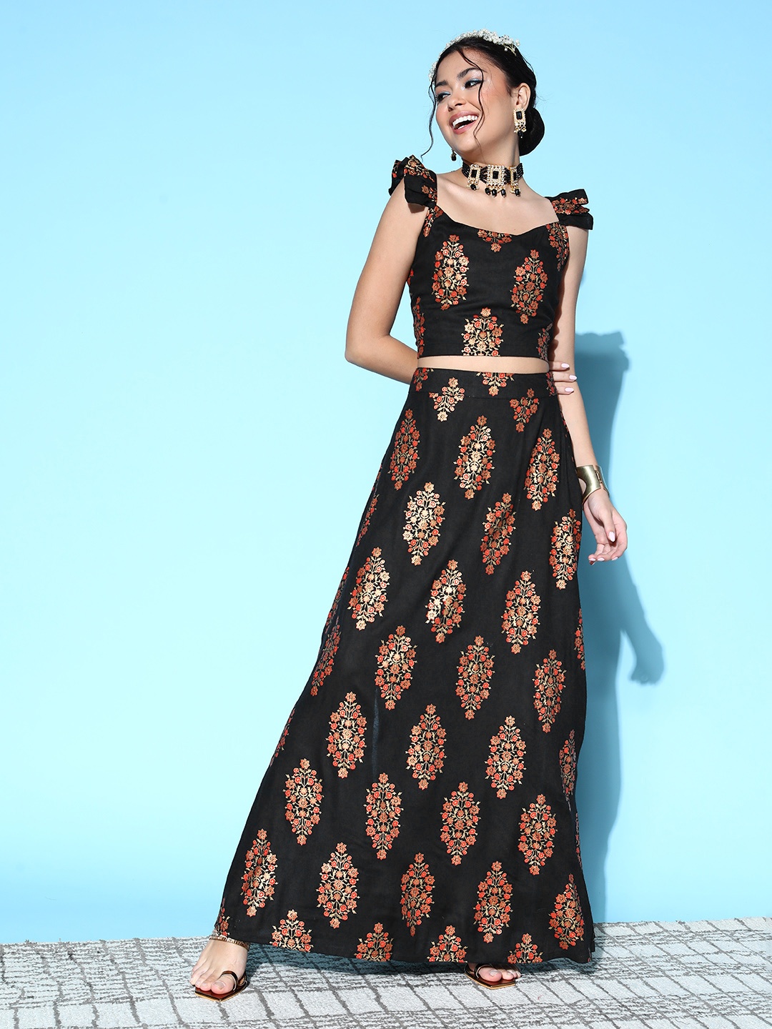 

InWeave Black Ethnic Motifs Printed Crop Top With A-Line Skirt
