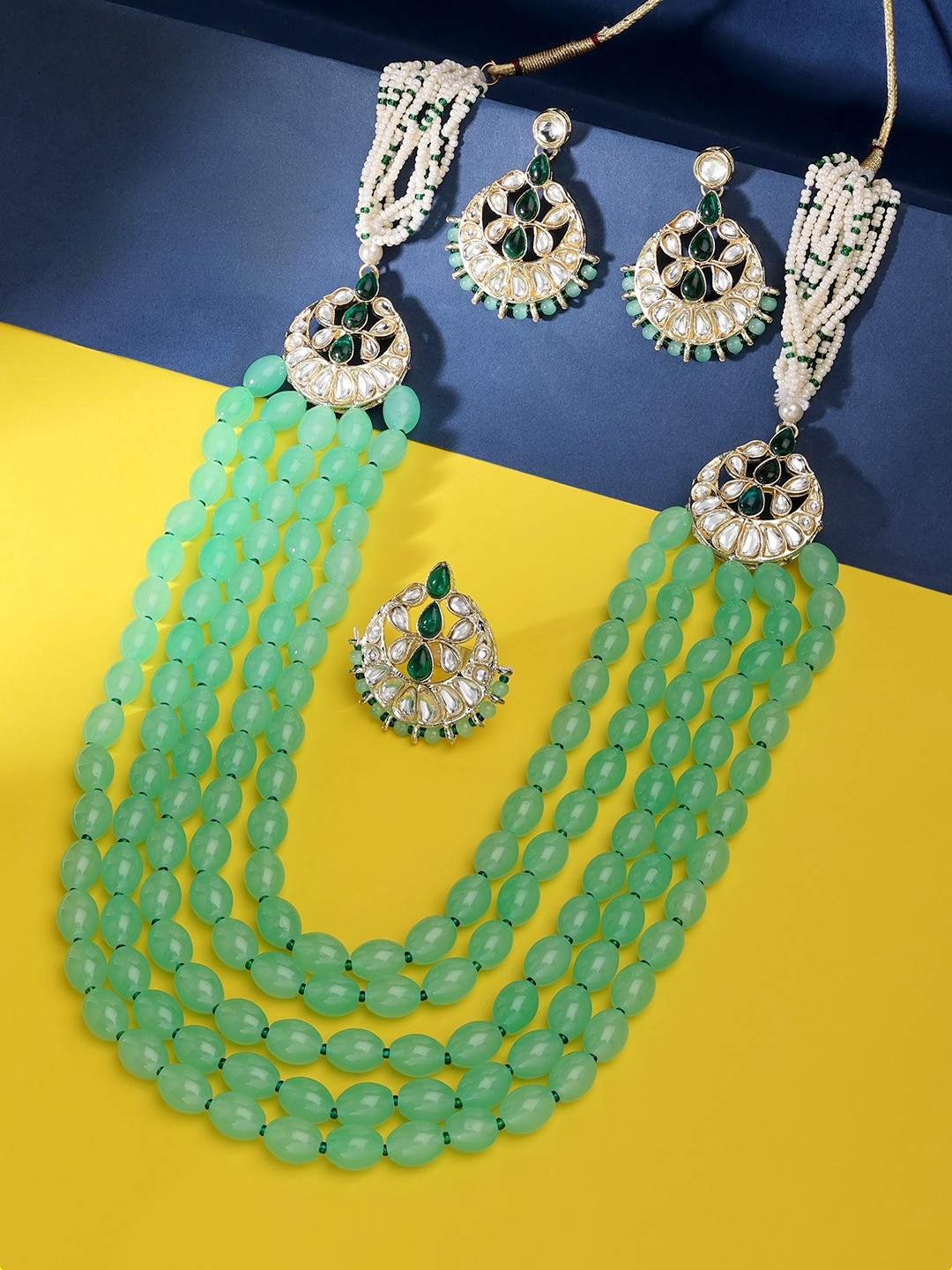 

Zaveri Pearls Gold-Plated Green Kundan Studded & Beaded Multilayered Jewellery Set