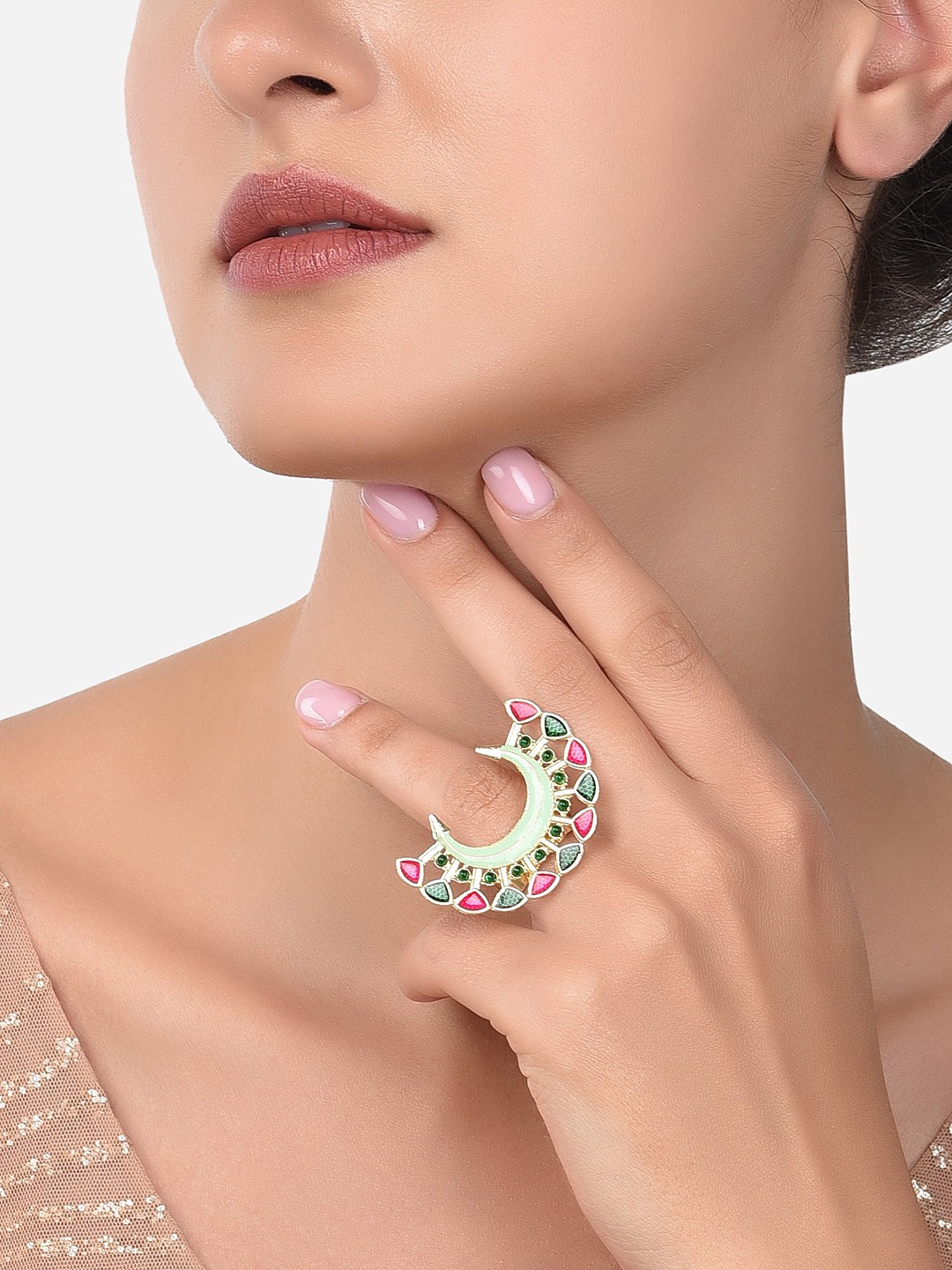 

Zaveri Pearls Gold-Plated Green & Pink Meenakari Ring