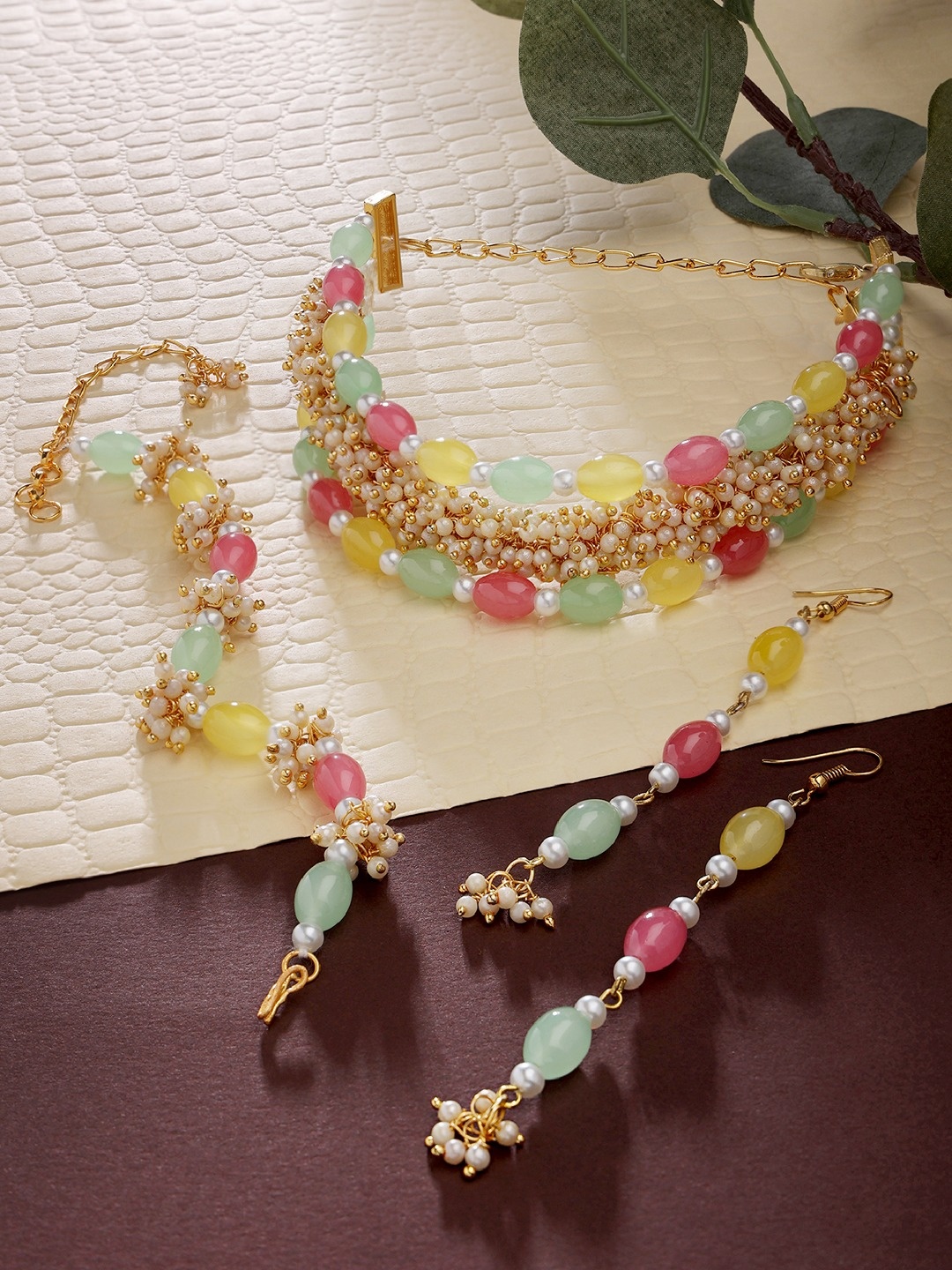 

Zaveri Pearls Gold-Plated Pink & Yellow Pearl-Studded Jewellery Set