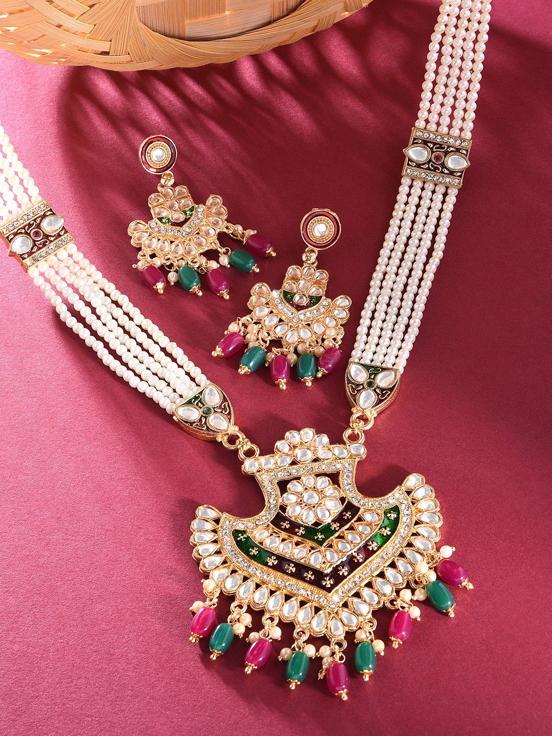 

Zaveri Pearls Gold-Plated Red & Green Kundan Studded Jewellery Set