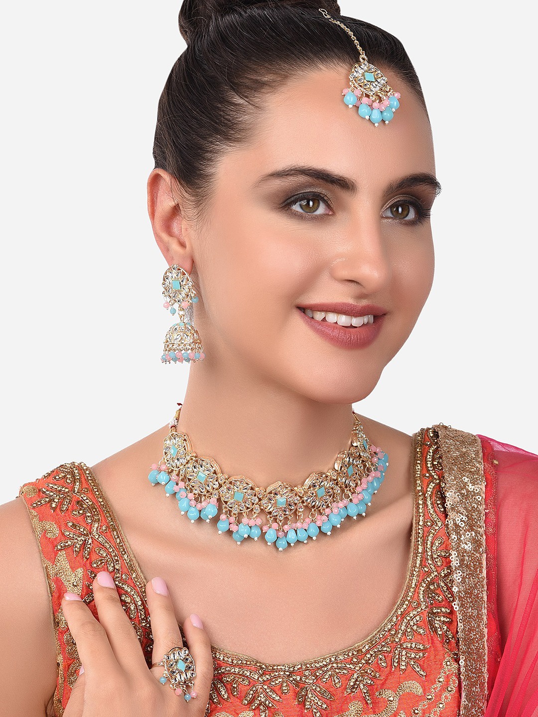 

Zaveri Pearls Gold-Plated Turquoise Blue & Pink -Coloured & White Kundan-Studded & Beaded Jewellery Set