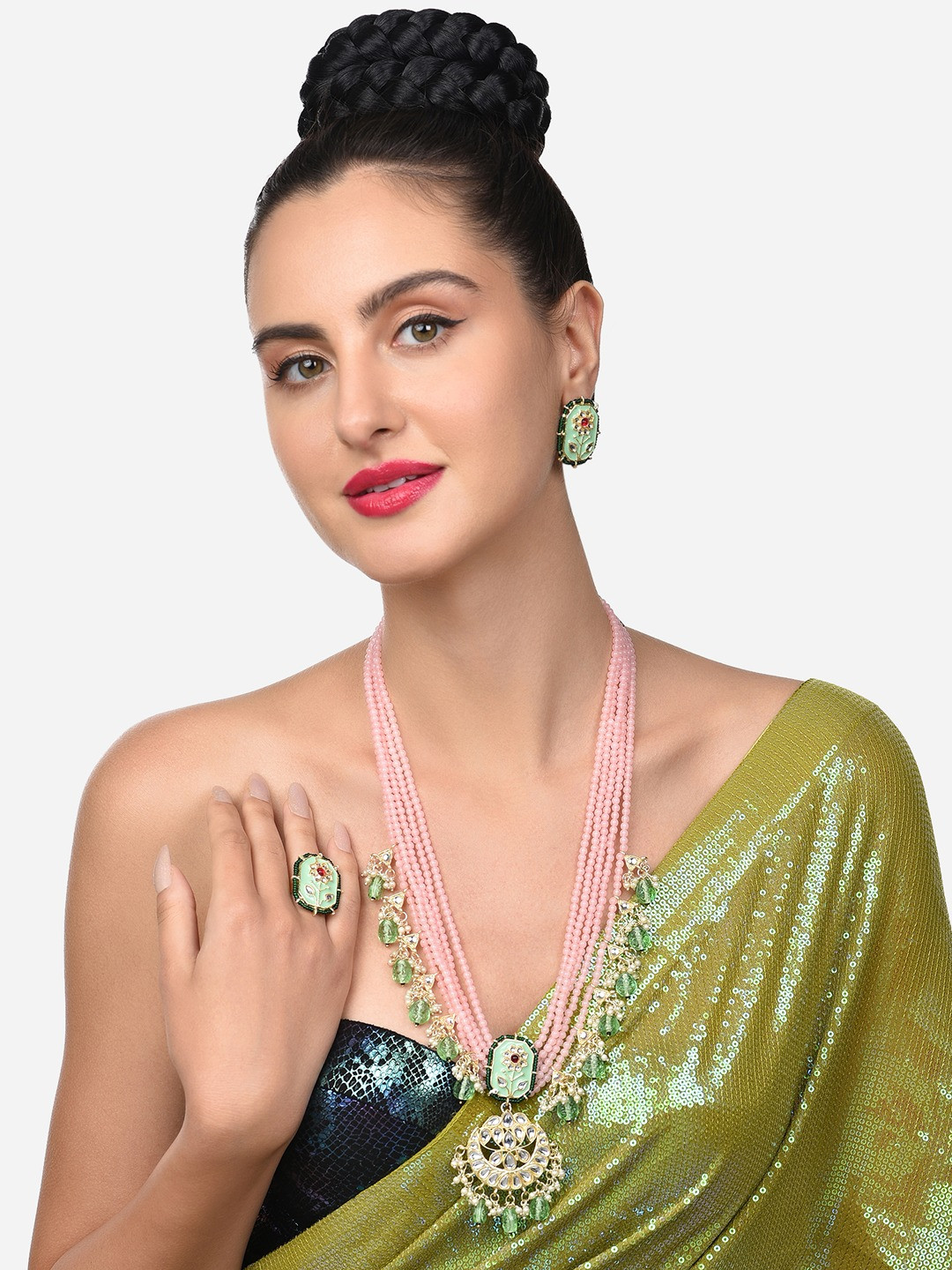 

Zaveri Pearls Gold-Plated Green & Pink Kundan Studded Jewellery Set
