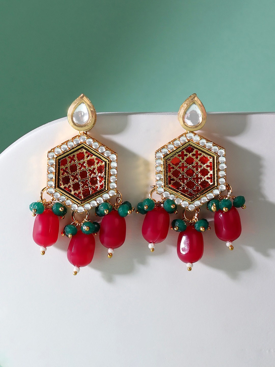 

Zaveri Pearls Red & Green Contemporary Drop Earrings