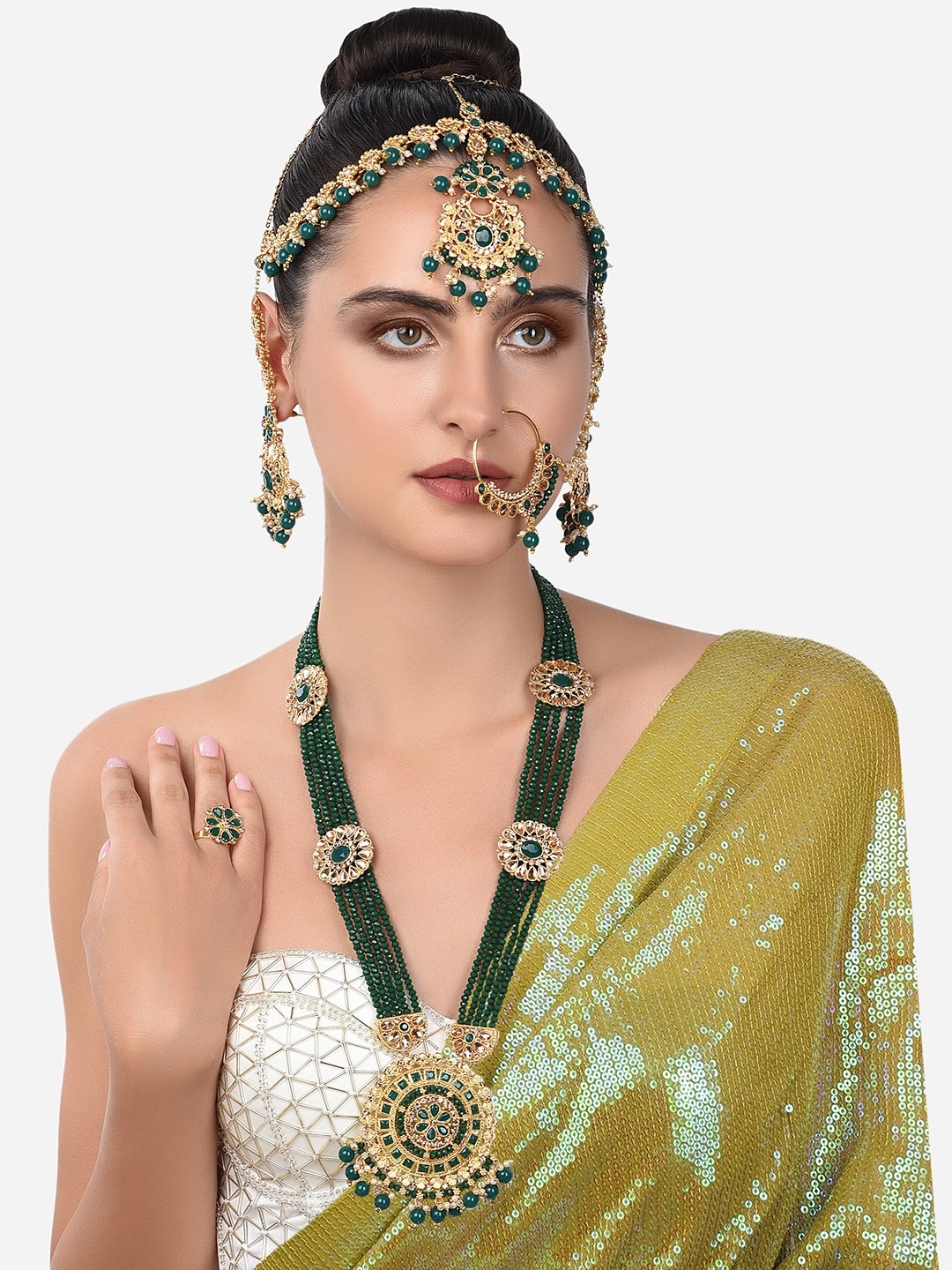 

Zaveri Pearls Gold-Plated White Stone-Studded & Green Beaded Bridal Jewellery Set