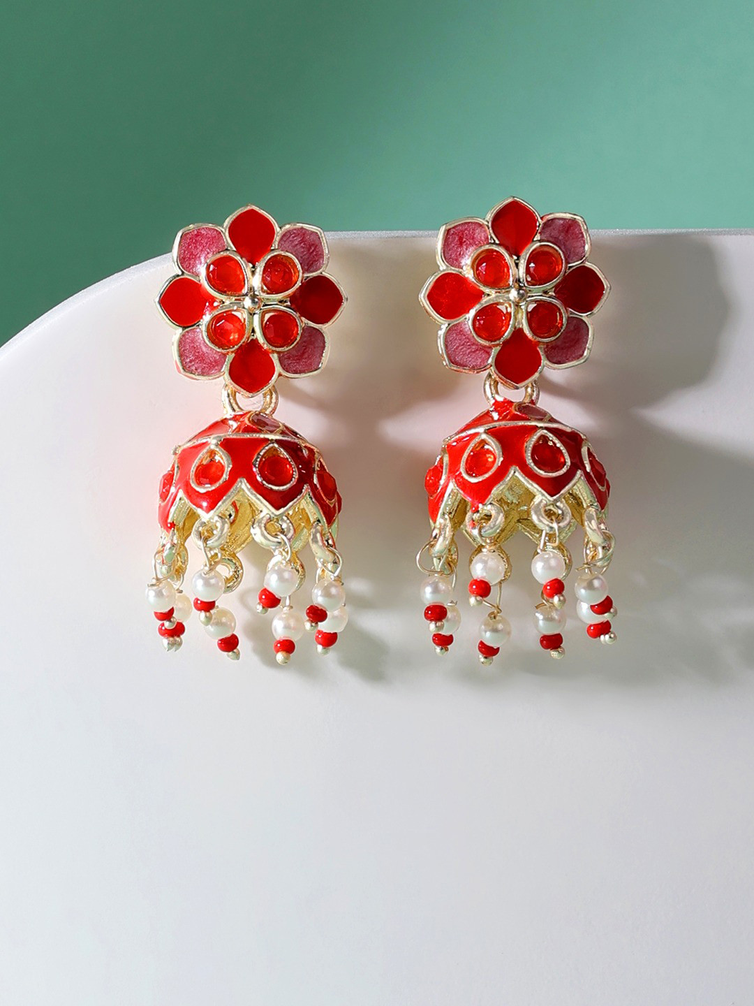 

Zaveri Pearls Red Contemporary Jhumkas Earrings